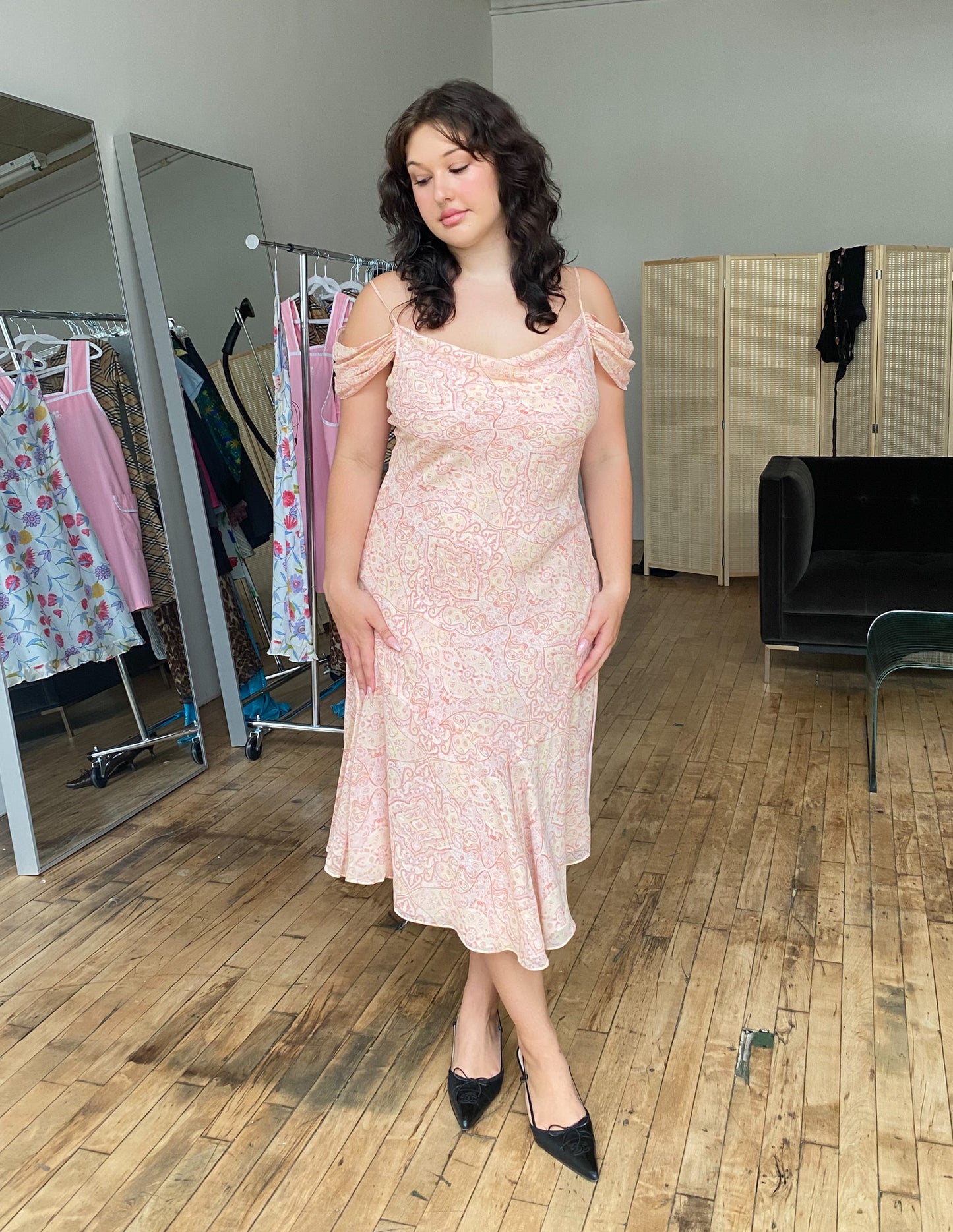 100% Silk Pink Paisley Off Shoulder Dress