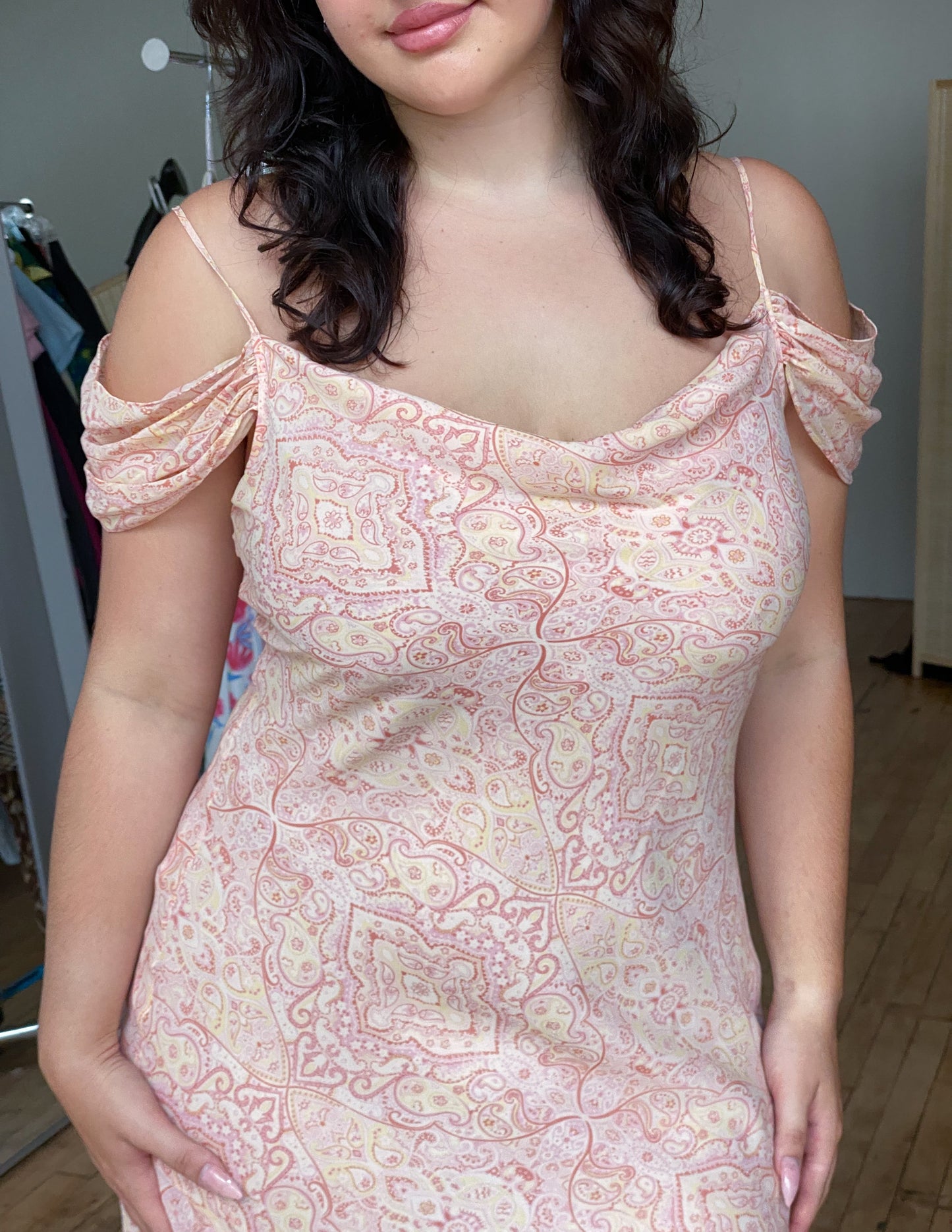 100% Silk Pink Paisley Off Shoulder Dress