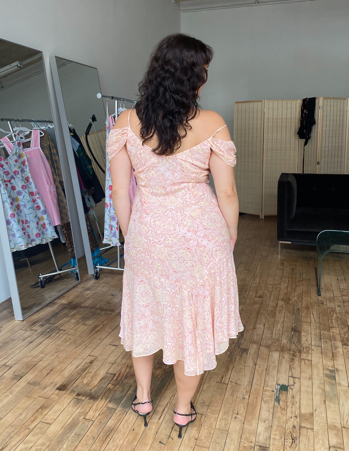 100% Silk Pink Paisley Off Shoulder Dress