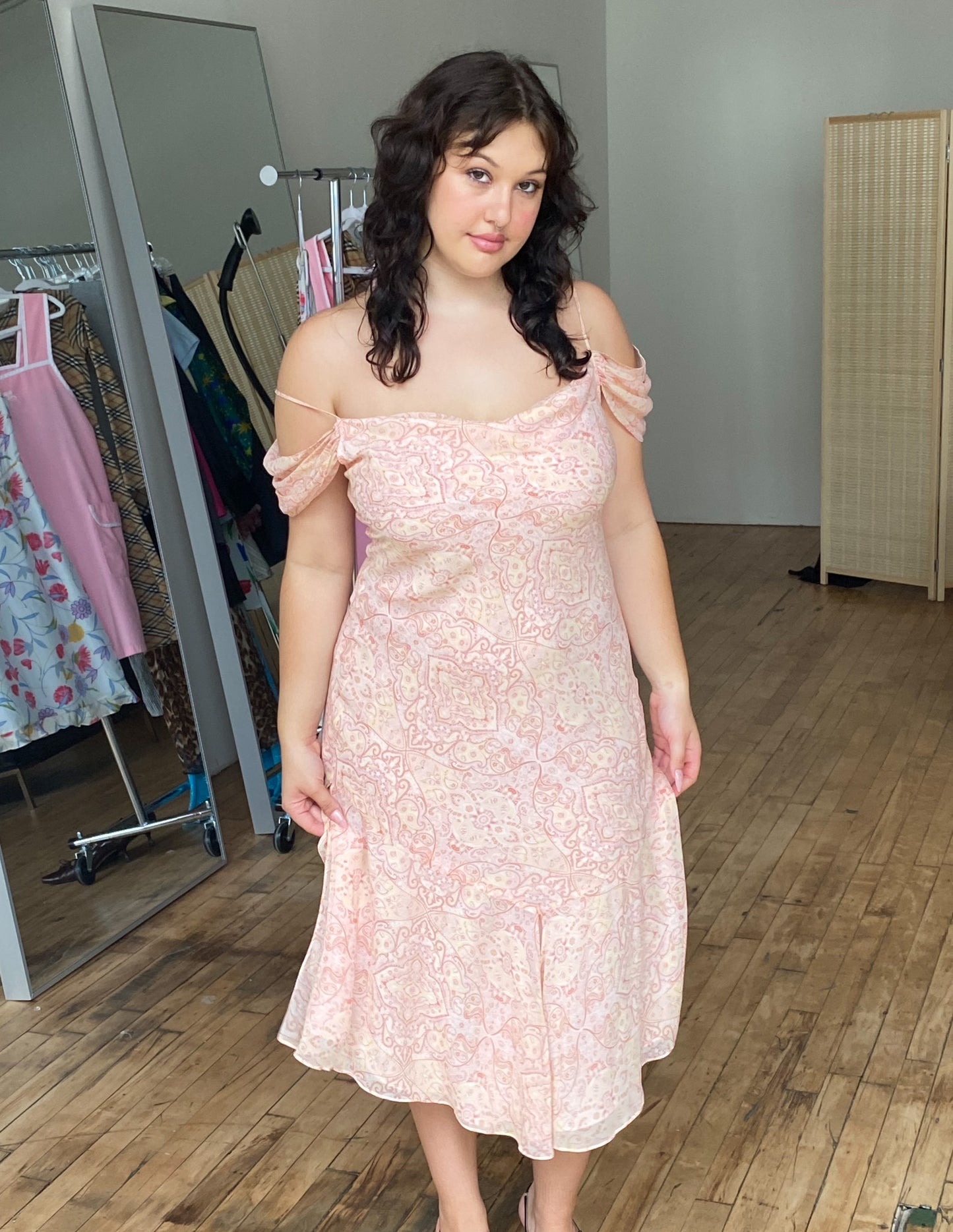 100% Silk Pink Paisley Off Shoulder Dress