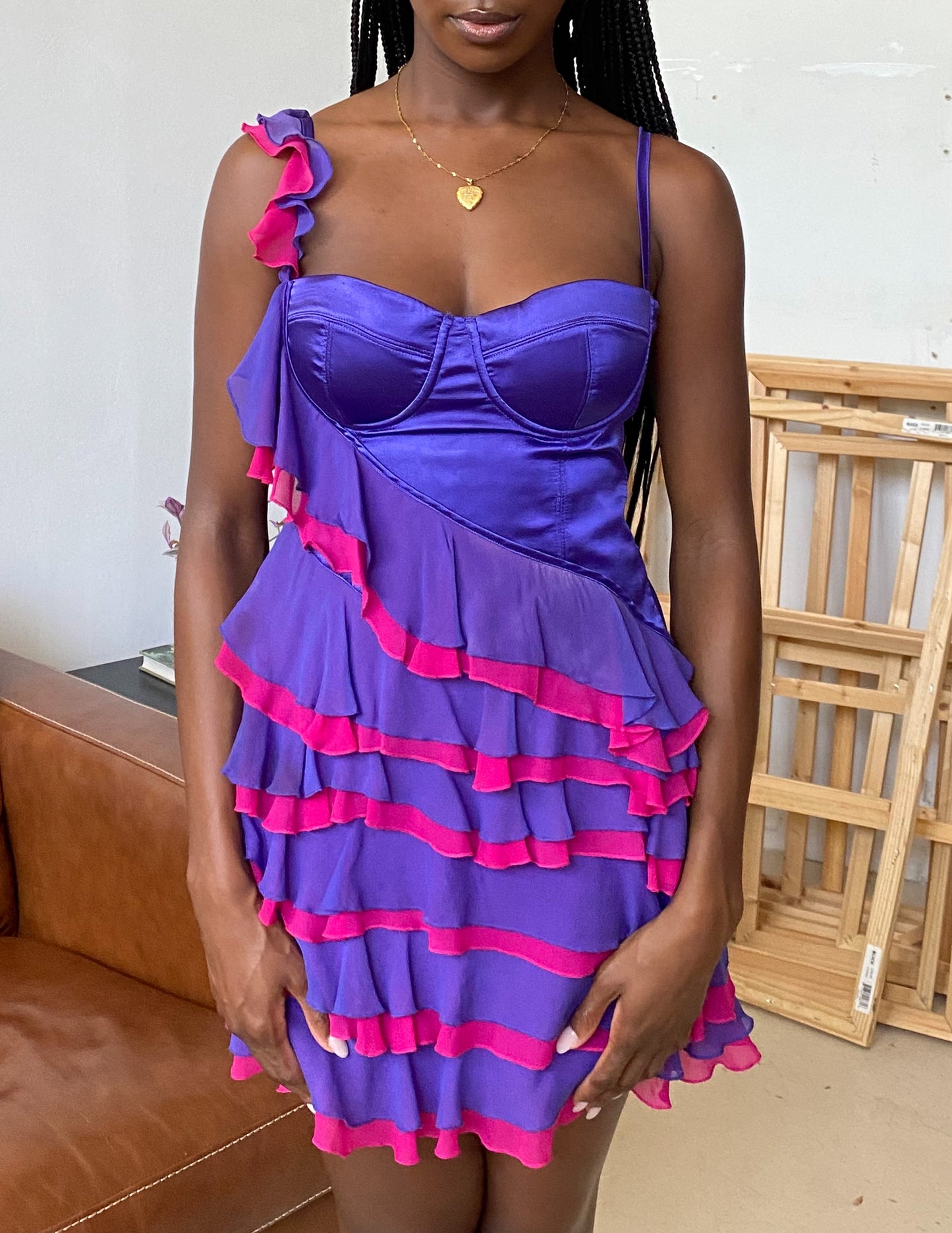 Vtg 100% Silk Marciano Ruffle Trim Party Dress