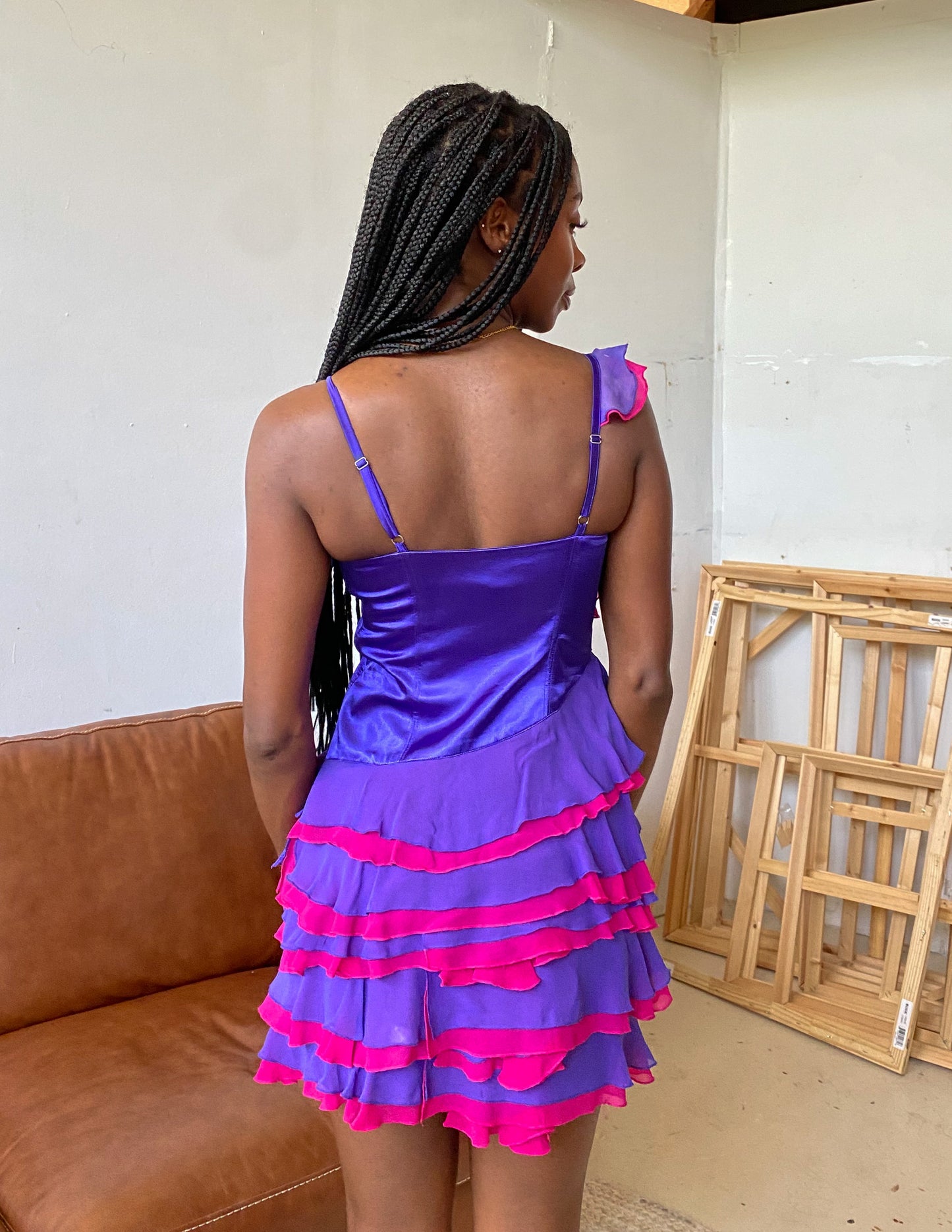 Vtg 100% Silk Marciano Ruffle Trim Party Dress