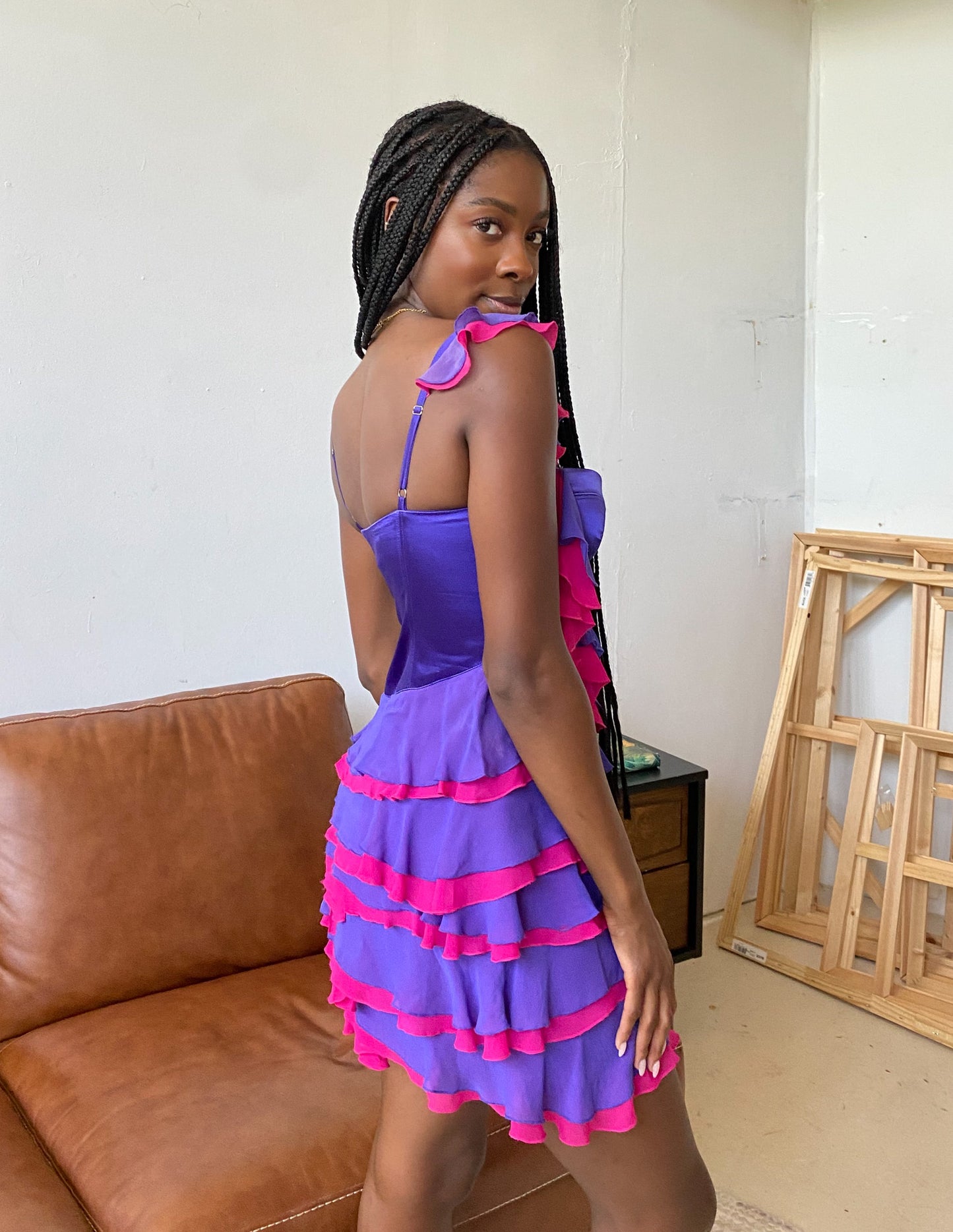 Vtg 100% Silk Marciano Ruffle Trim Party Dress