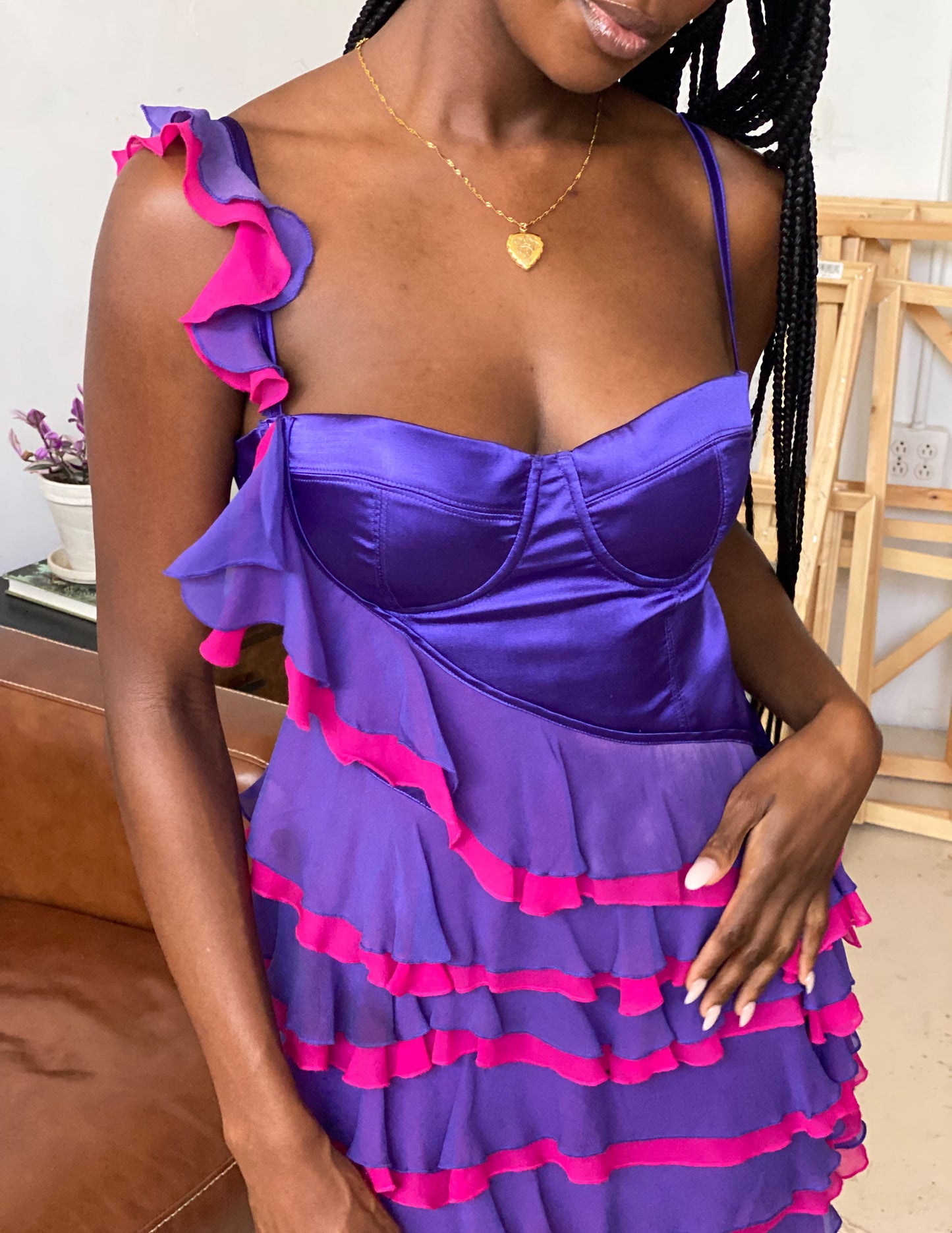 Vtg 100% Silk Marciano Ruffle Trim Party Dress