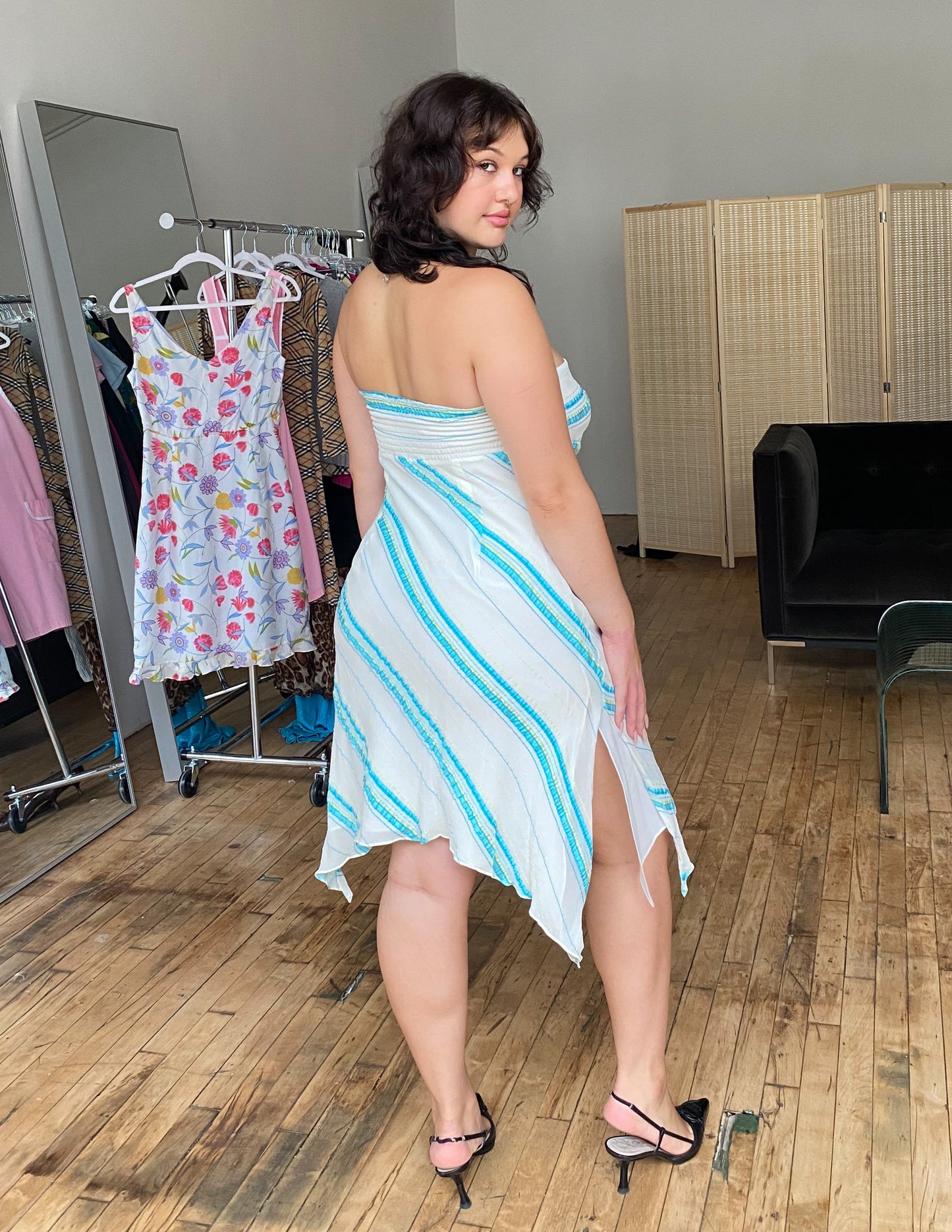 Silk Blend Y2K Stripe Hanky Hem Dress