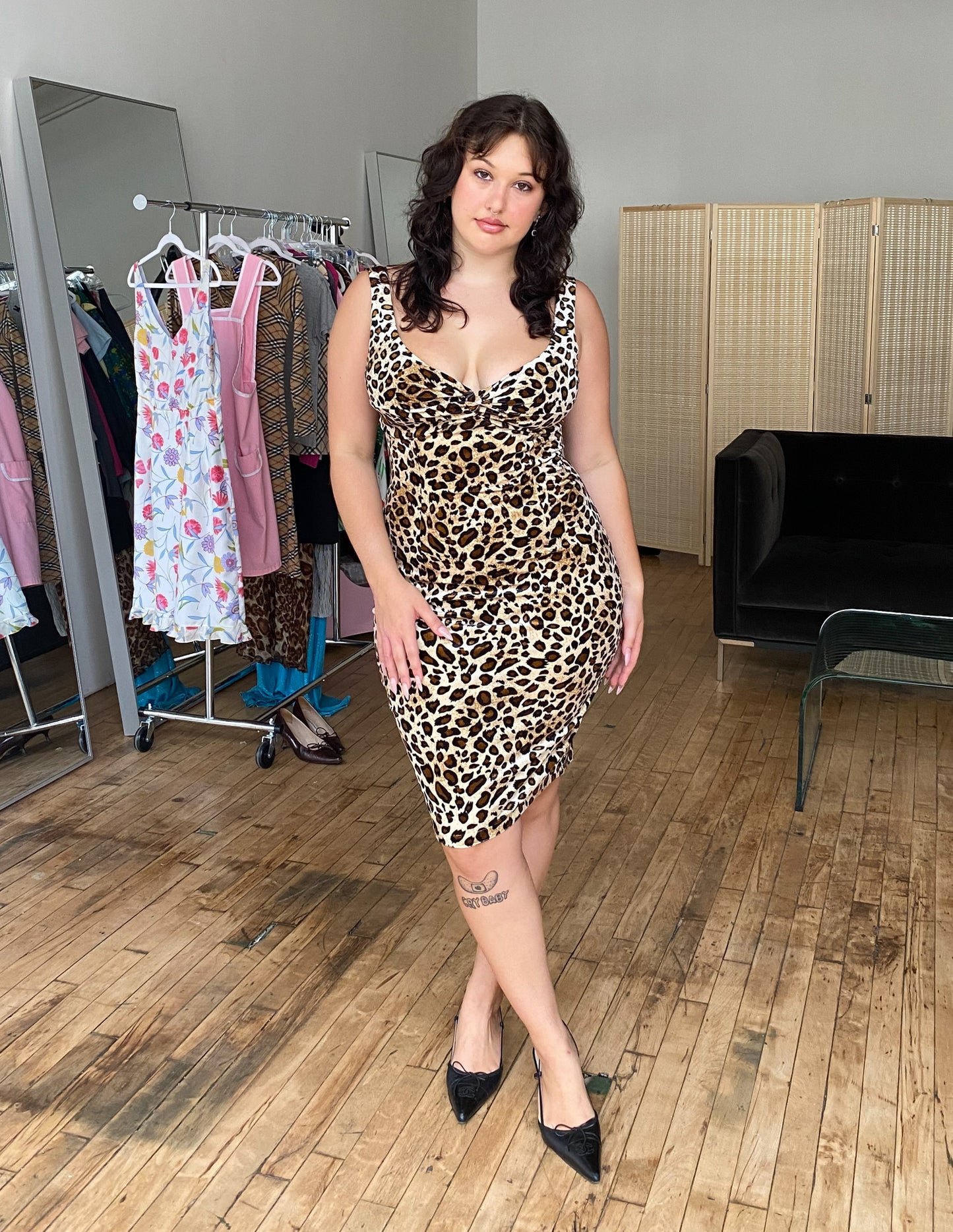 Vintage Leopard Velour BodyCon Midi Dress