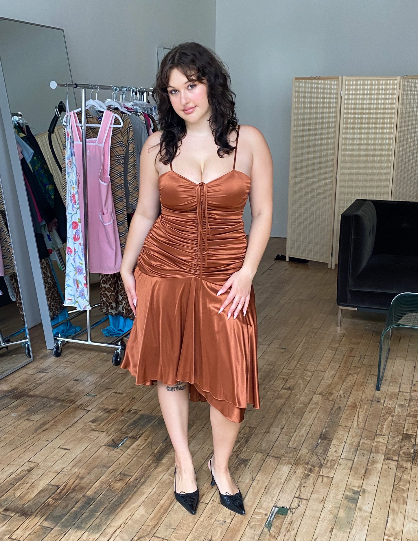 Vtg Ruched Copper Midi Dress