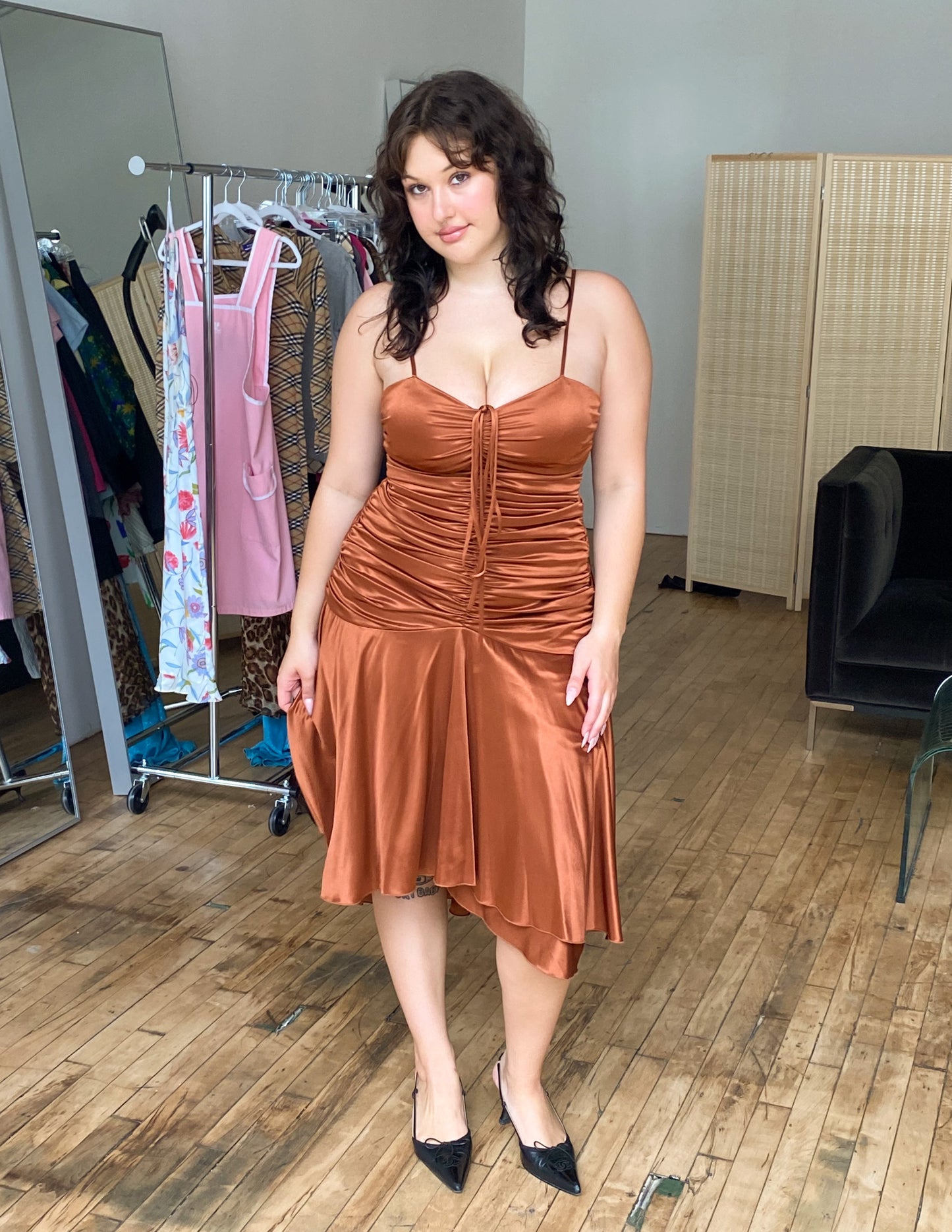 Vtg Ruched Copper Midi Dress