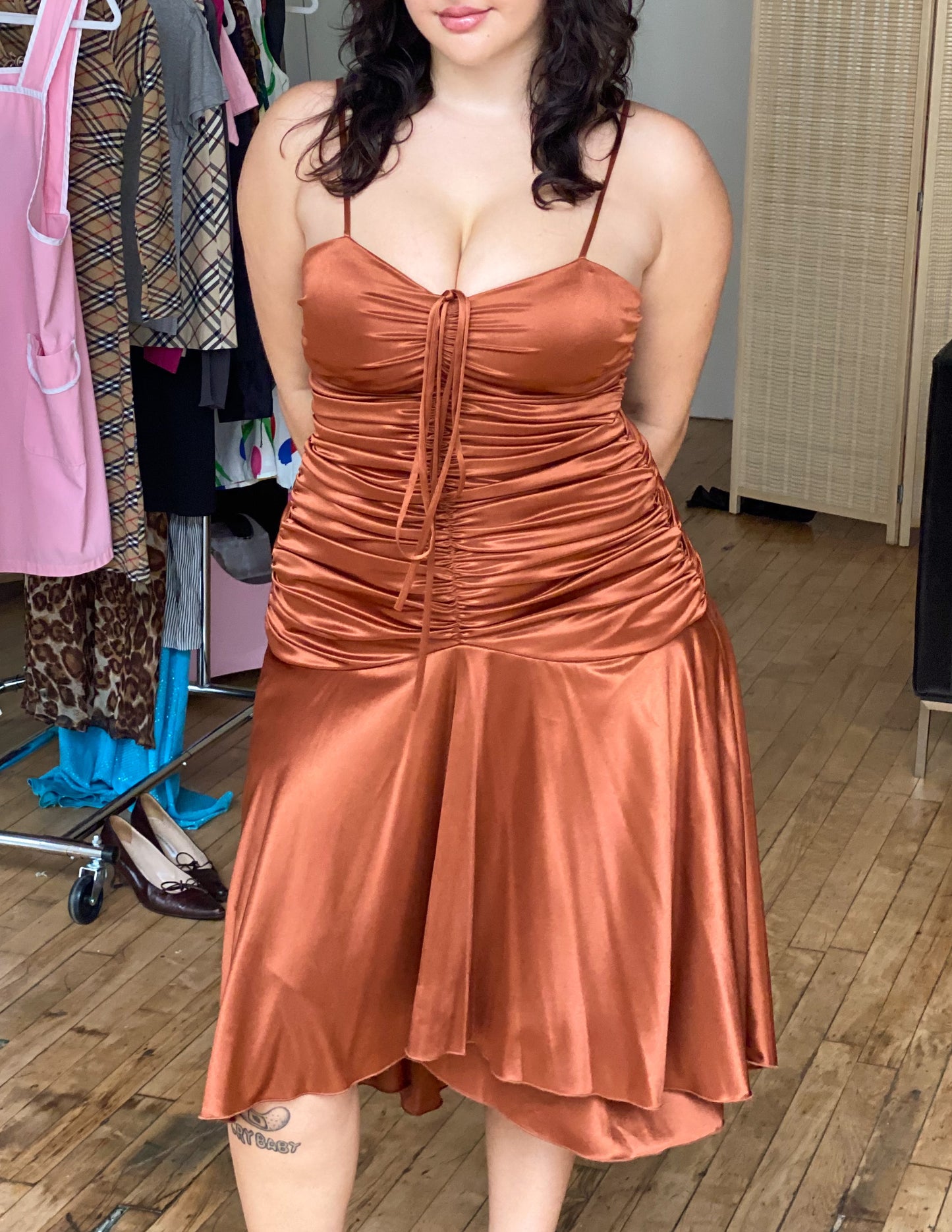 Vtg Ruched Copper Midi Dress