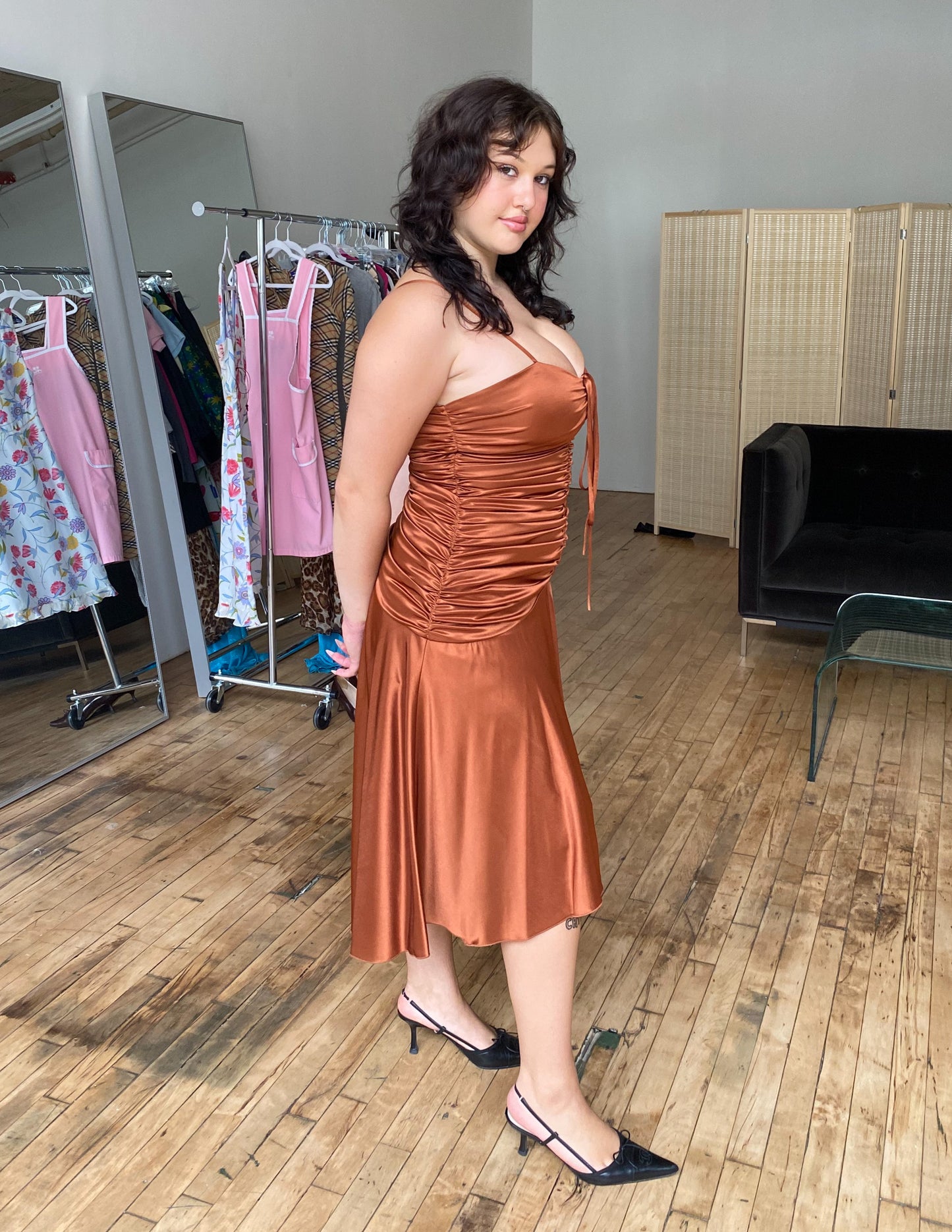 Vtg Ruched Copper Midi Dress