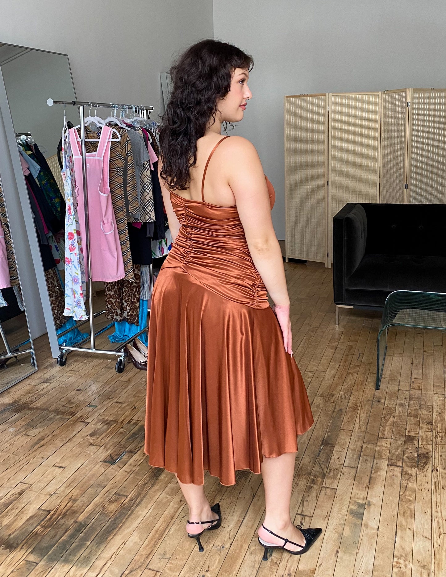 Vtg Ruched Copper Midi Dress