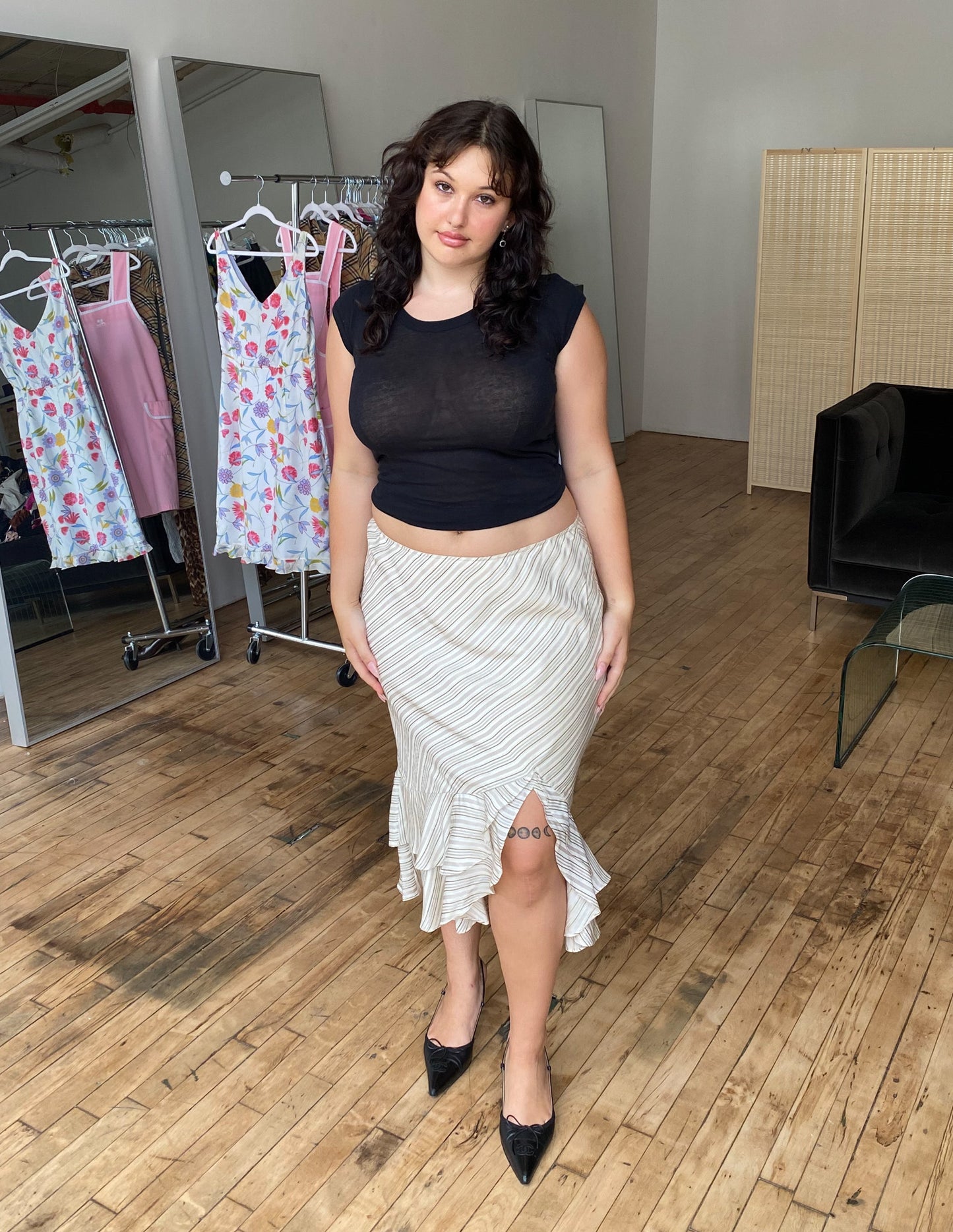 Silk Blend Pinstripe Midi Skirt