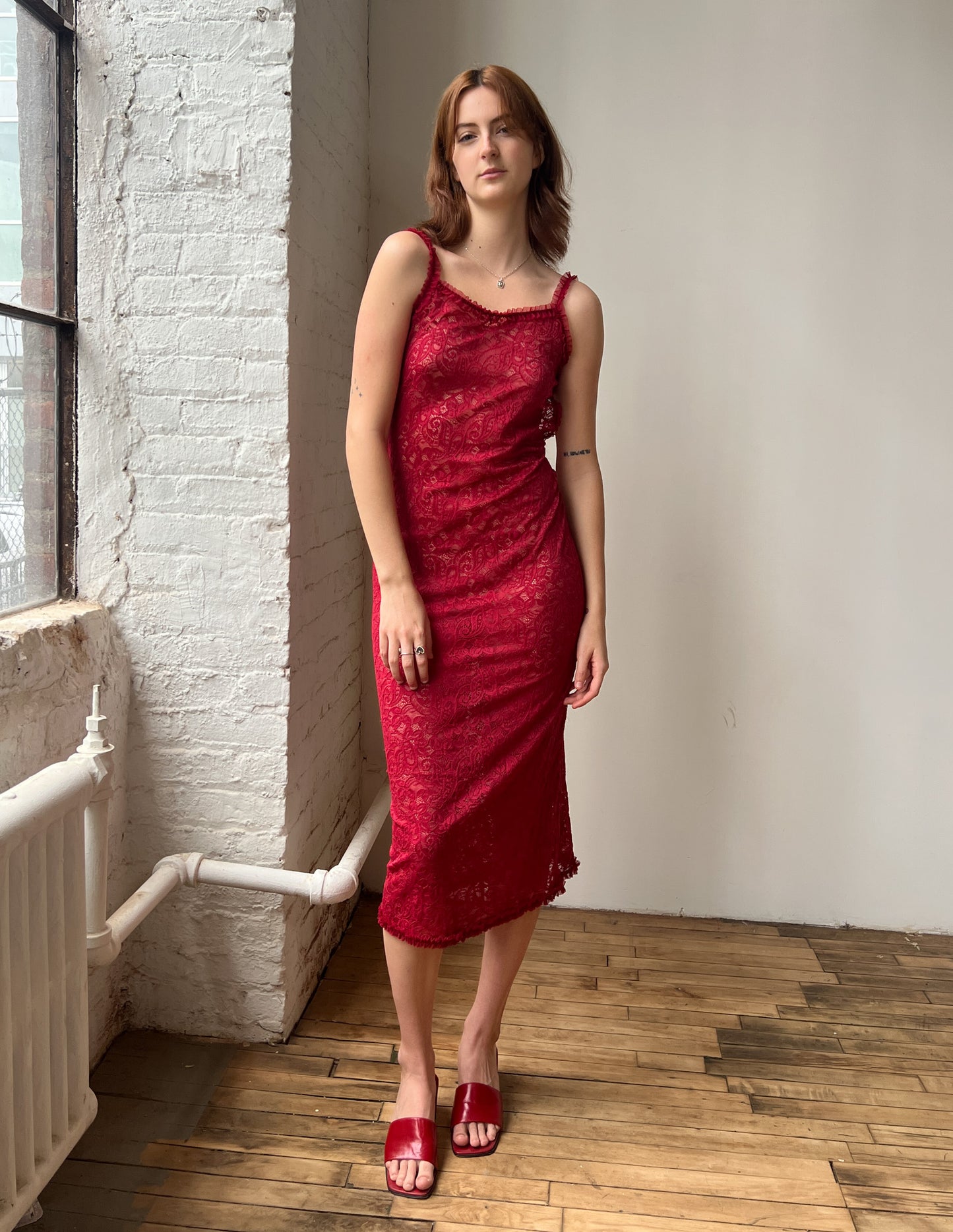 Vtg Low-back Red Lace Sheer Slip Dress