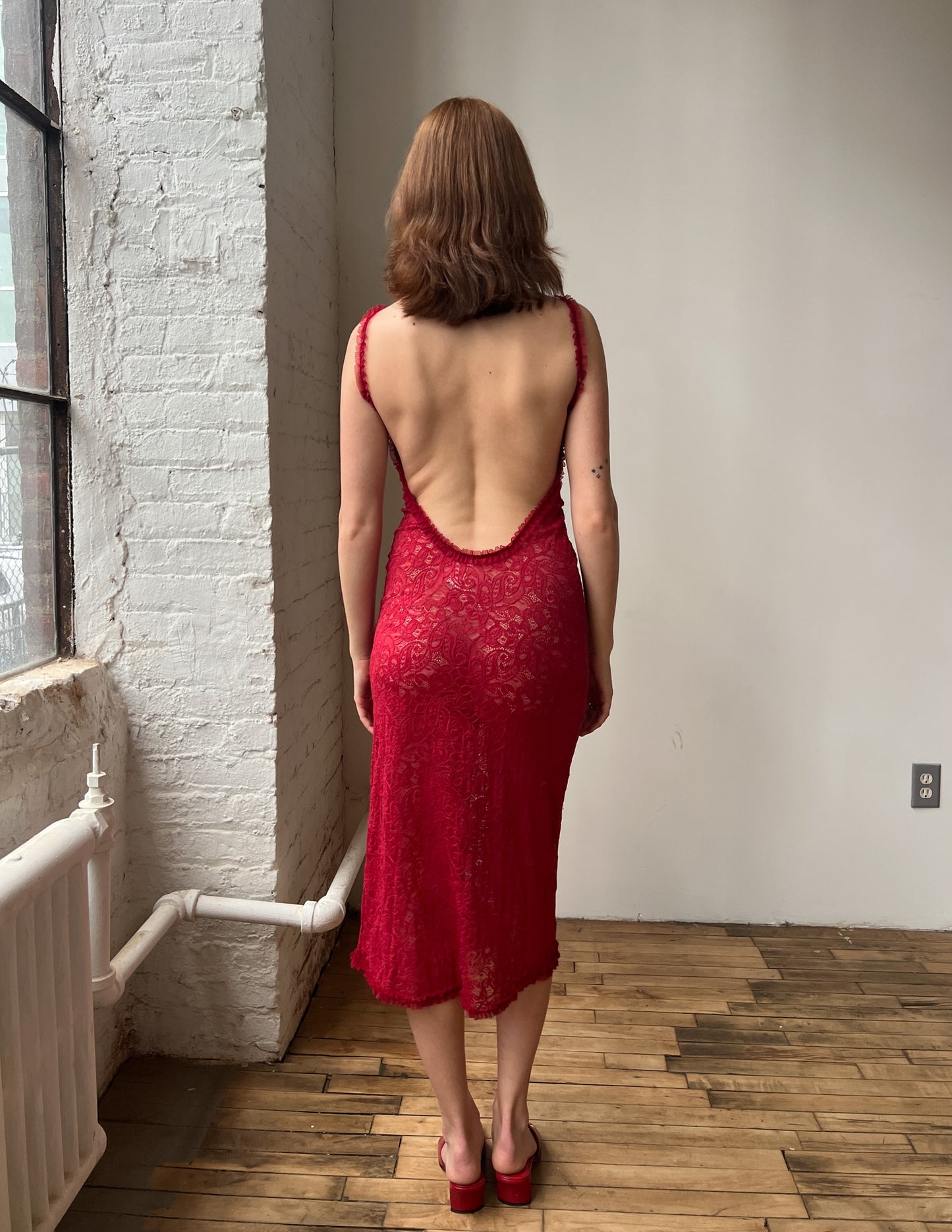 Vtg Low-back Red Lace Sheer Slip Dress