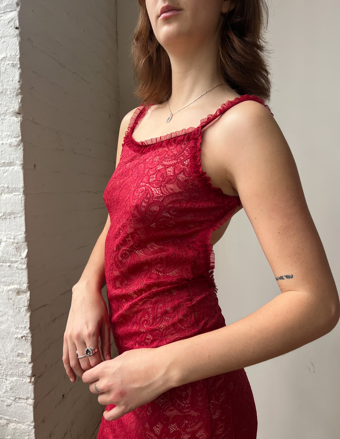 Vtg Low-back Red Lace Sheer Slip Dress