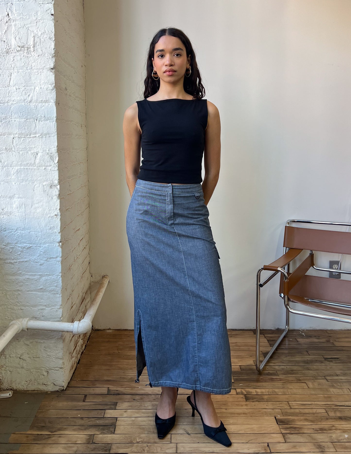 Denim Cargo Contrast Maxi Skirt