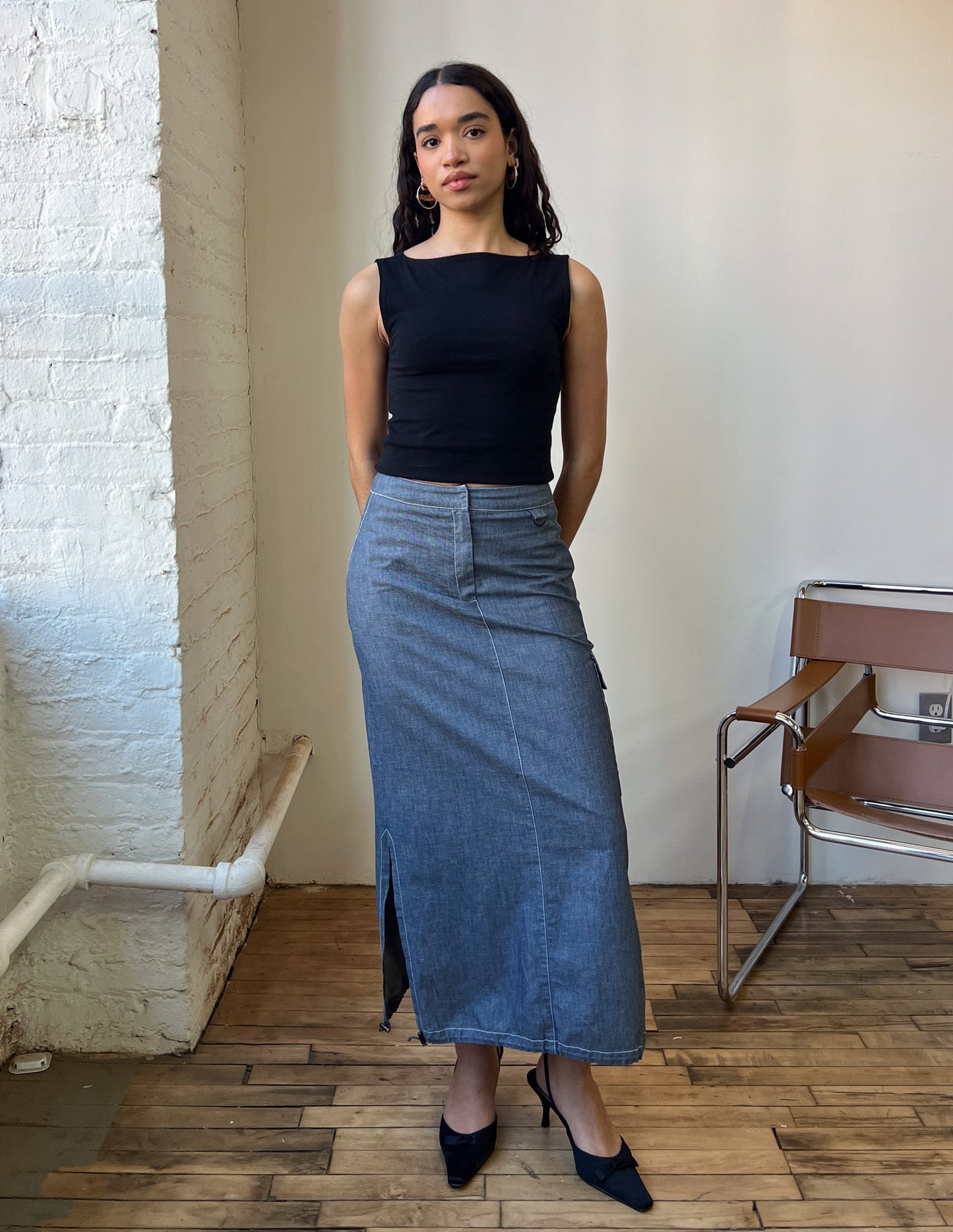 Denim Cargo Contrast Maxi Skirt