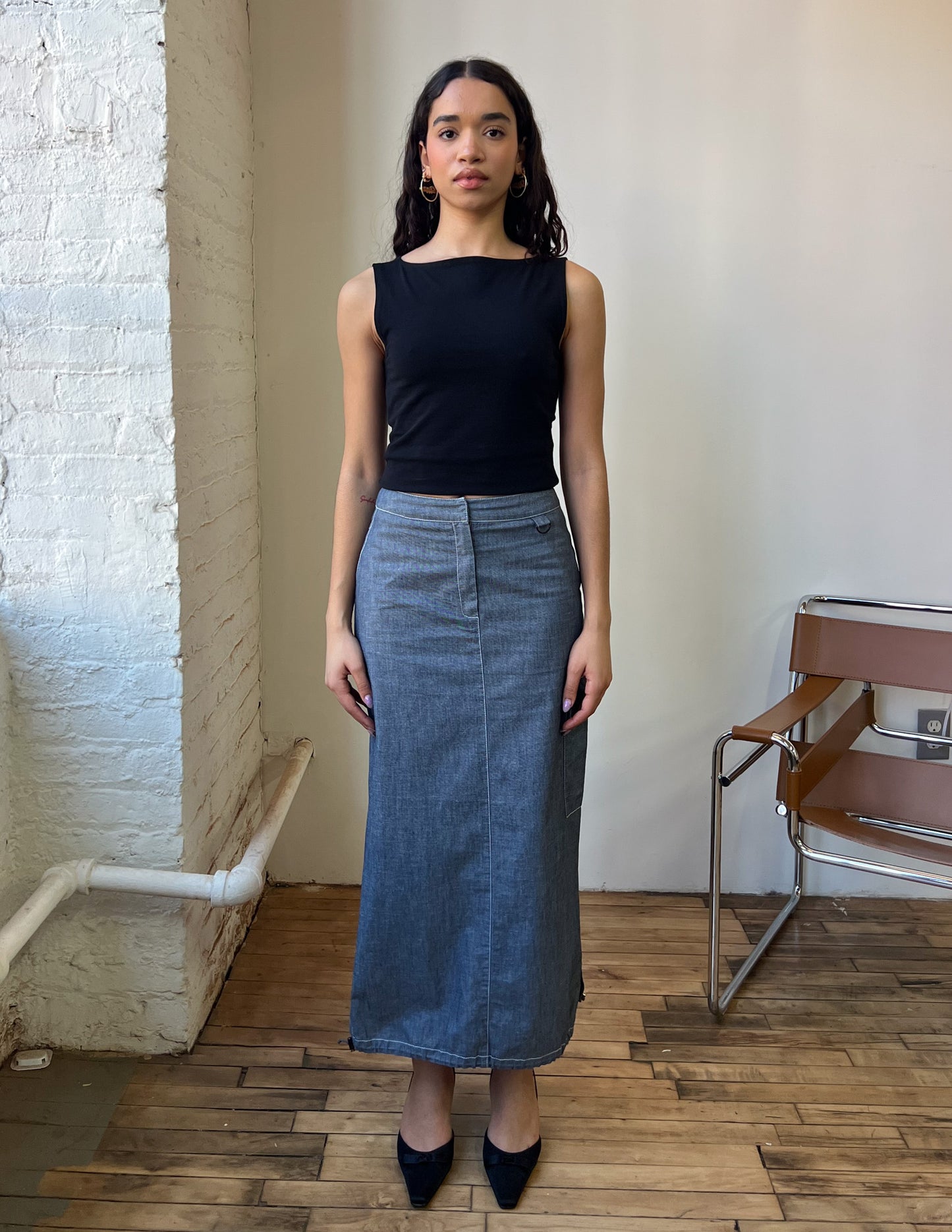 Denim Cargo Contrast Maxi Skirt