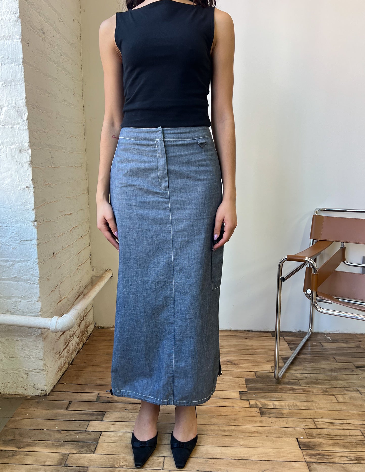 Denim Cargo Contrast Maxi Skirt