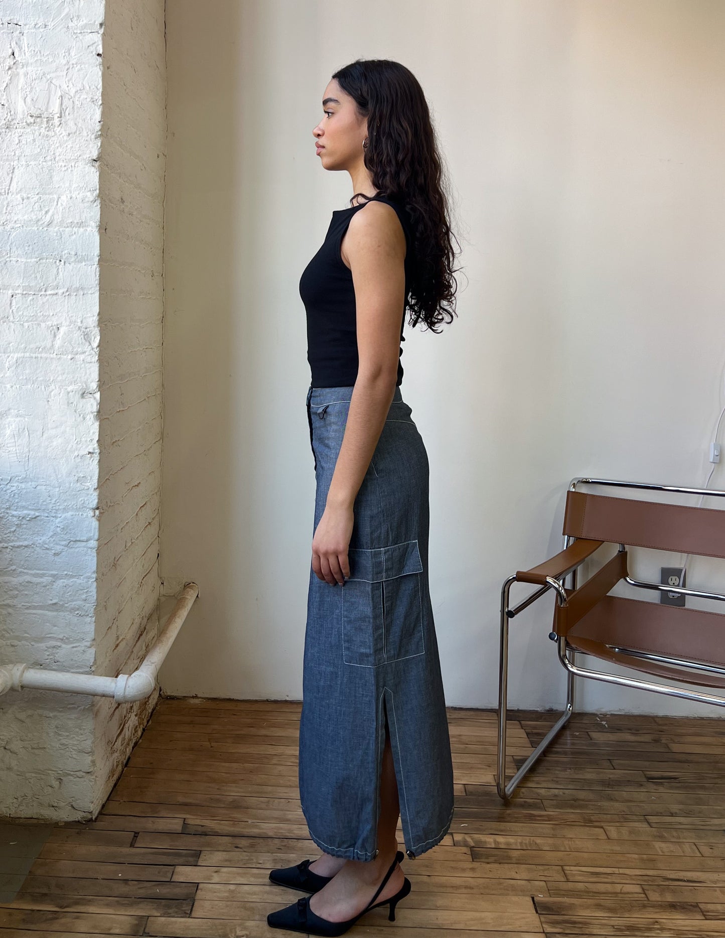 Denim Cargo Contrast Maxi Skirt