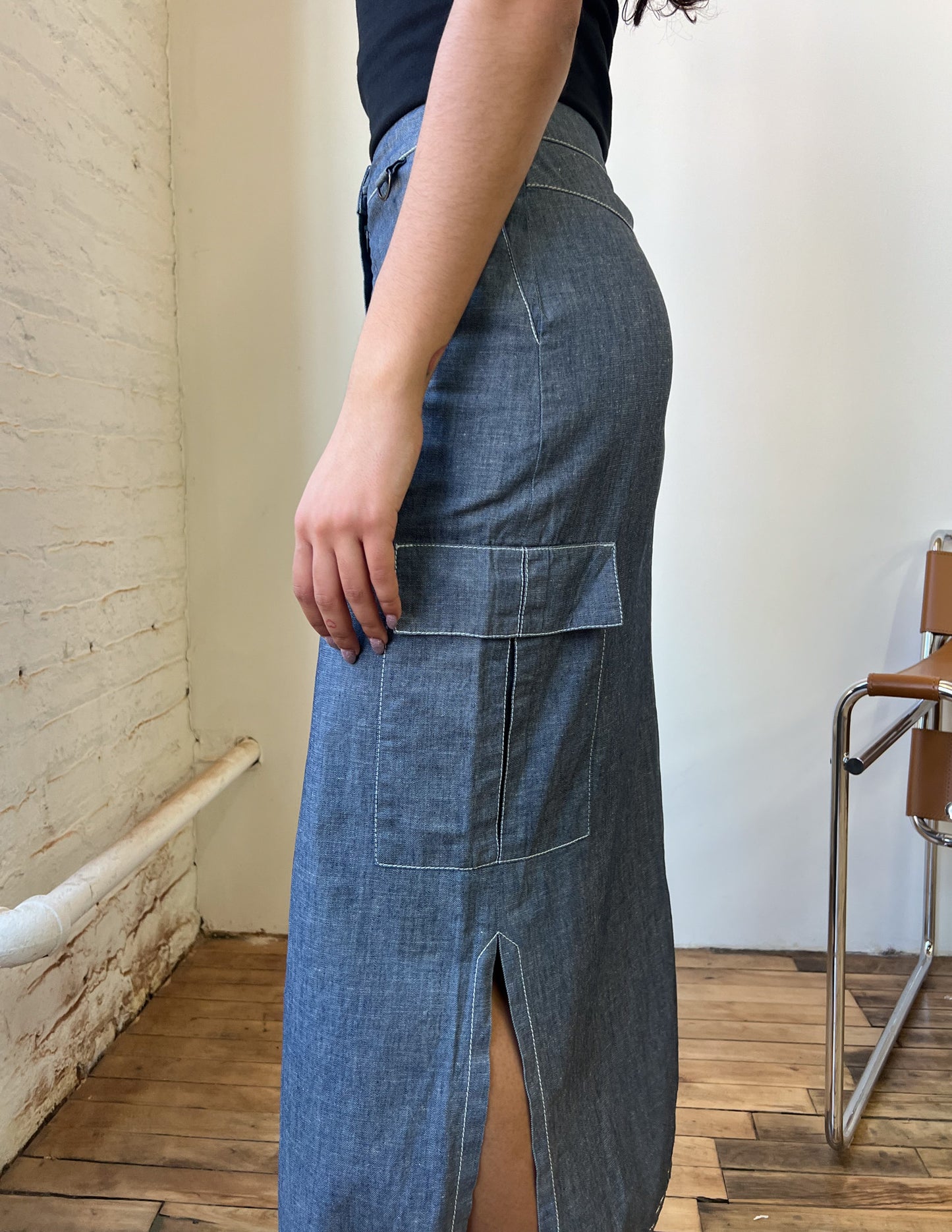 Denim Cargo Contrast Maxi Skirt