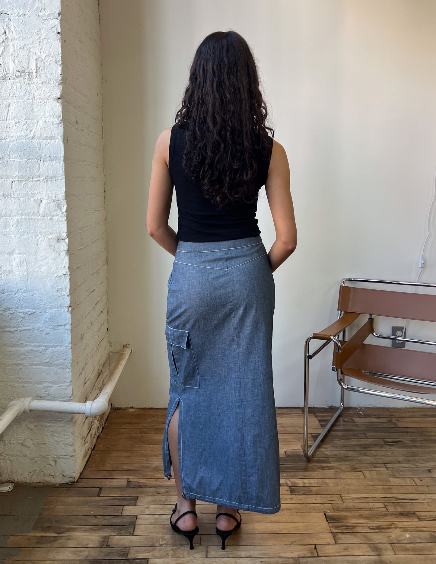 Denim Cargo Contrast Maxi Skirt