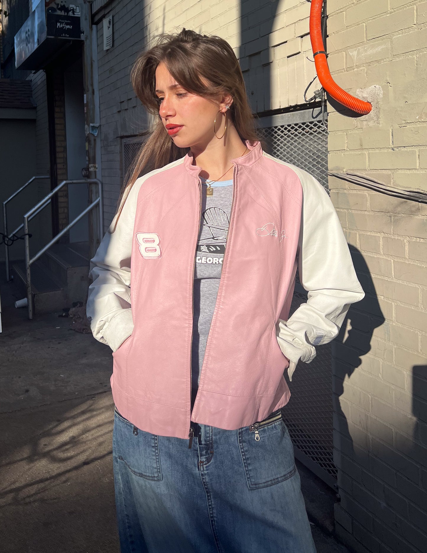 Leather Pink and White Number Moto Jacket