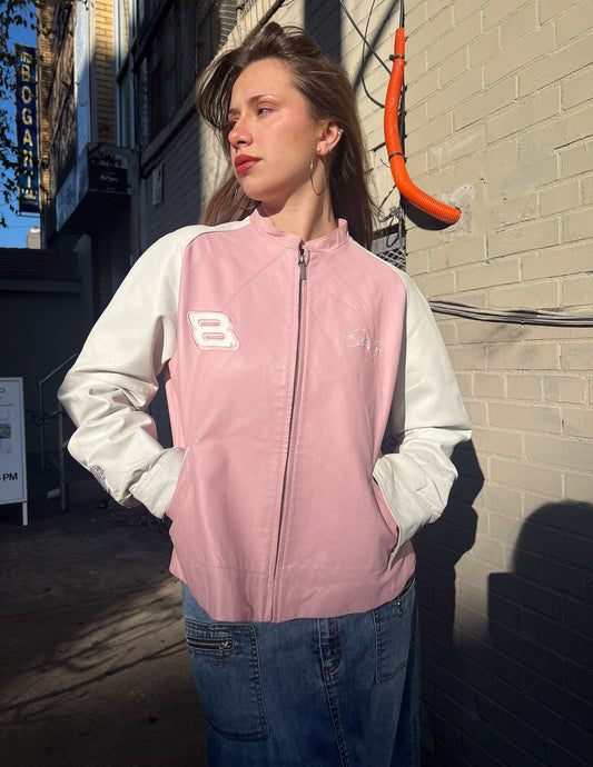 Leather Pink and White Number Moto Jacket