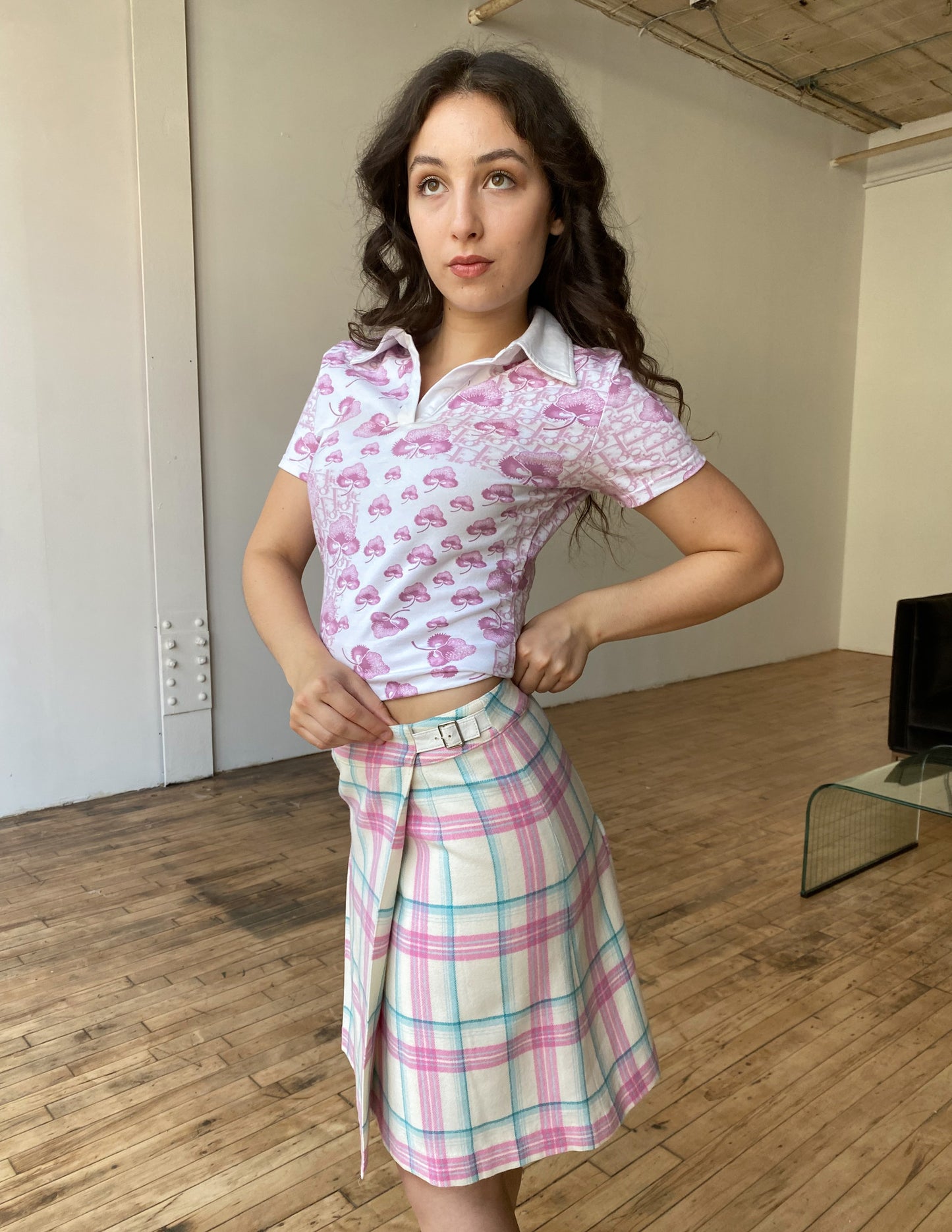 Courrèges Vtg Pink & Blue Plaid Wool Skirt