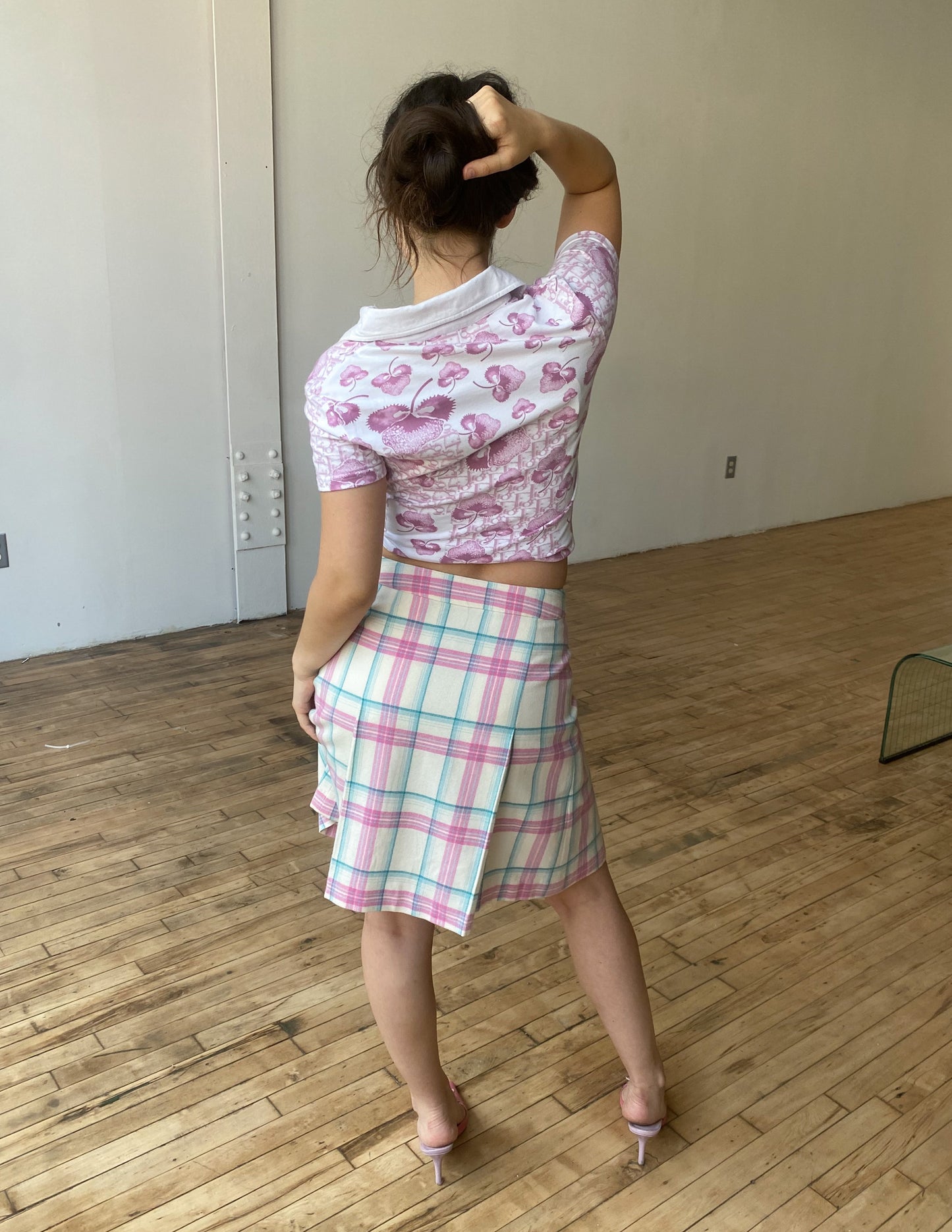 Courrèges Vtg Pink & Blue Plaid Wool Skirt