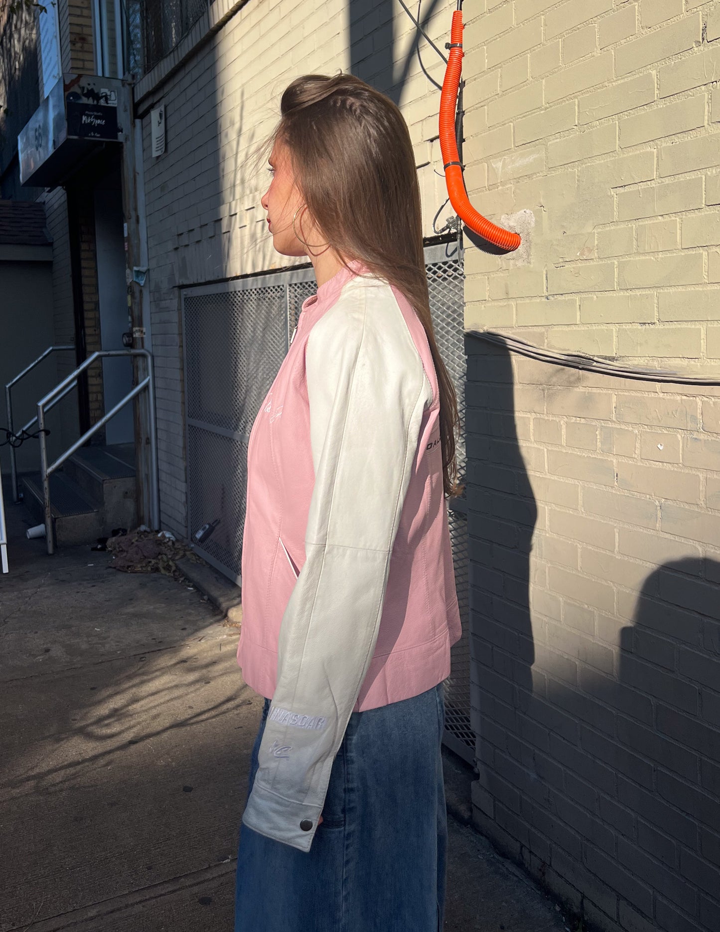 Leather Pink and White Number Moto Jacket