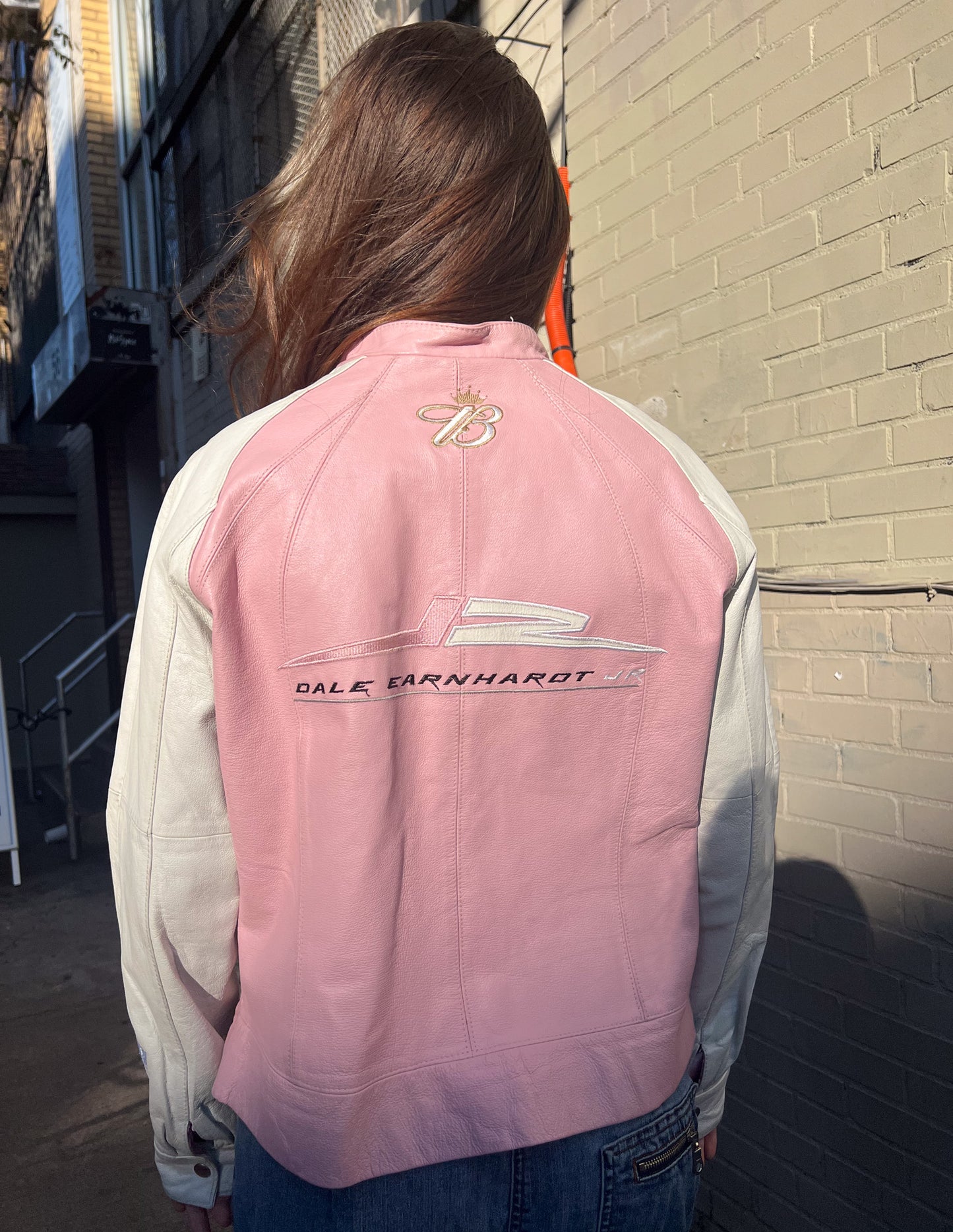 Leather Pink and White Number Moto Jacket