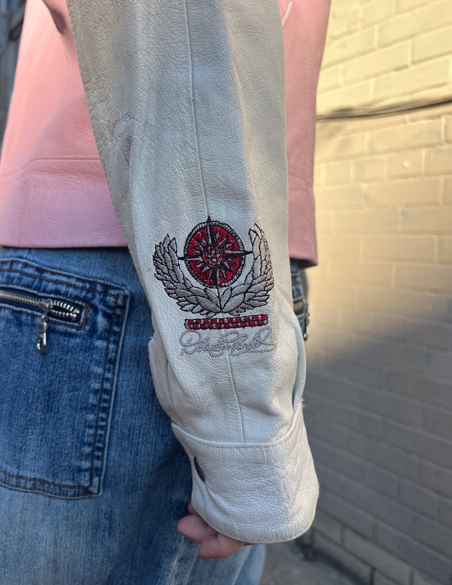 Leather Pink and White Number Moto Jacket