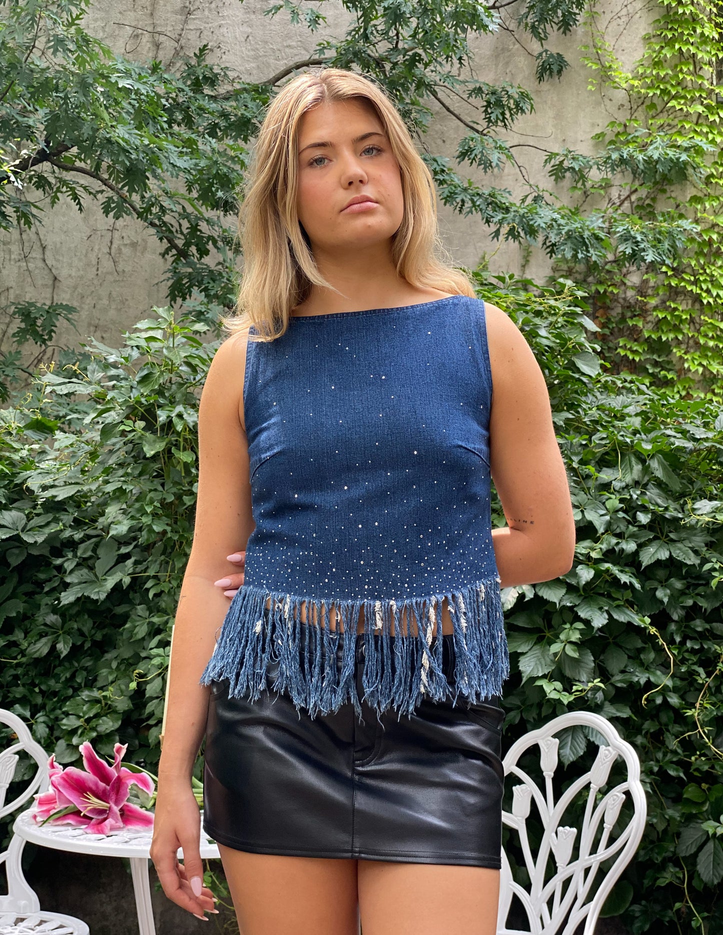 Fendi Vtg Denim Fringe Rhinestone Detail Top