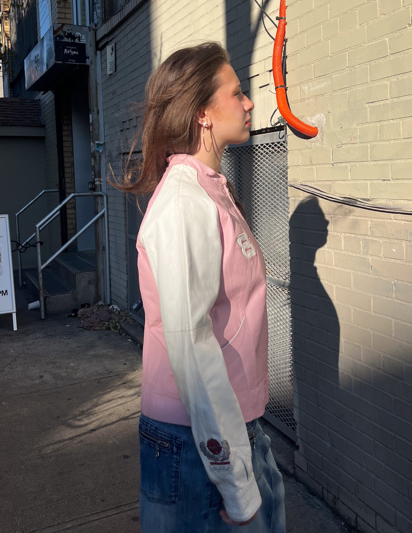 Leather Pink and White Number Moto Jacket