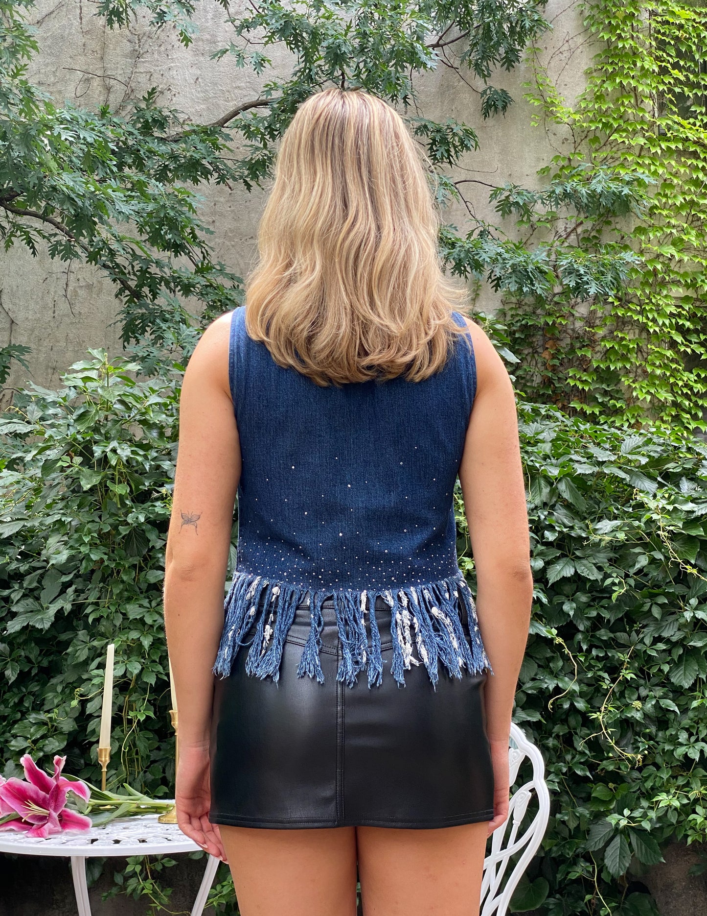 Fendi Vtg Denim Fringe Rhinestone Detail Top