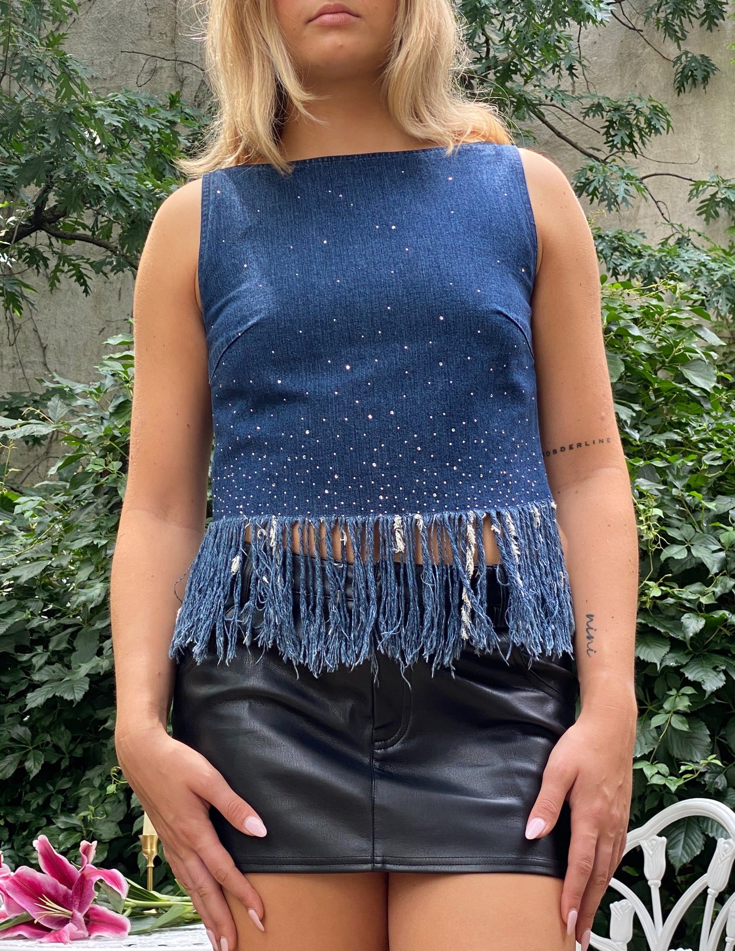 Fendi Vtg Denim Fringe Rhinestone Detail Top