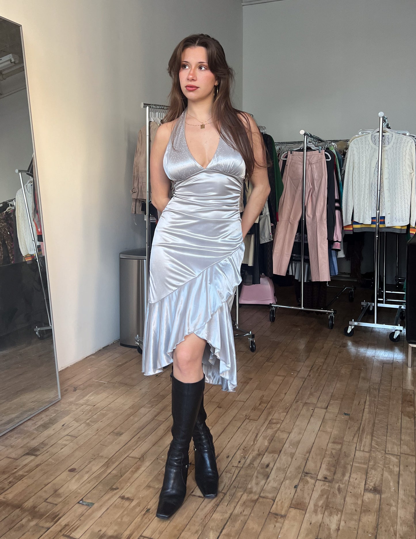 Y2K Silver Rhinestone Embellished Halter Dress