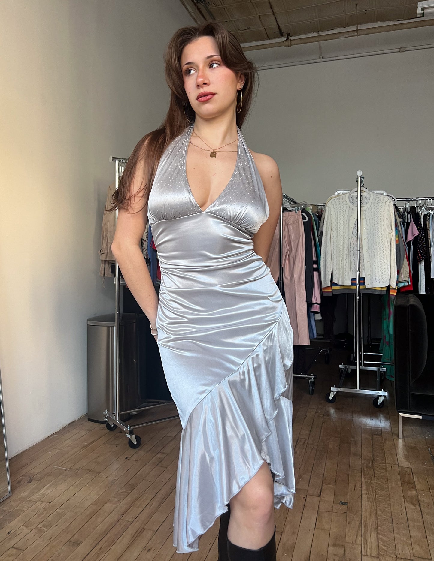 Y2K Silver Rhinestone Embellished Halter Dress