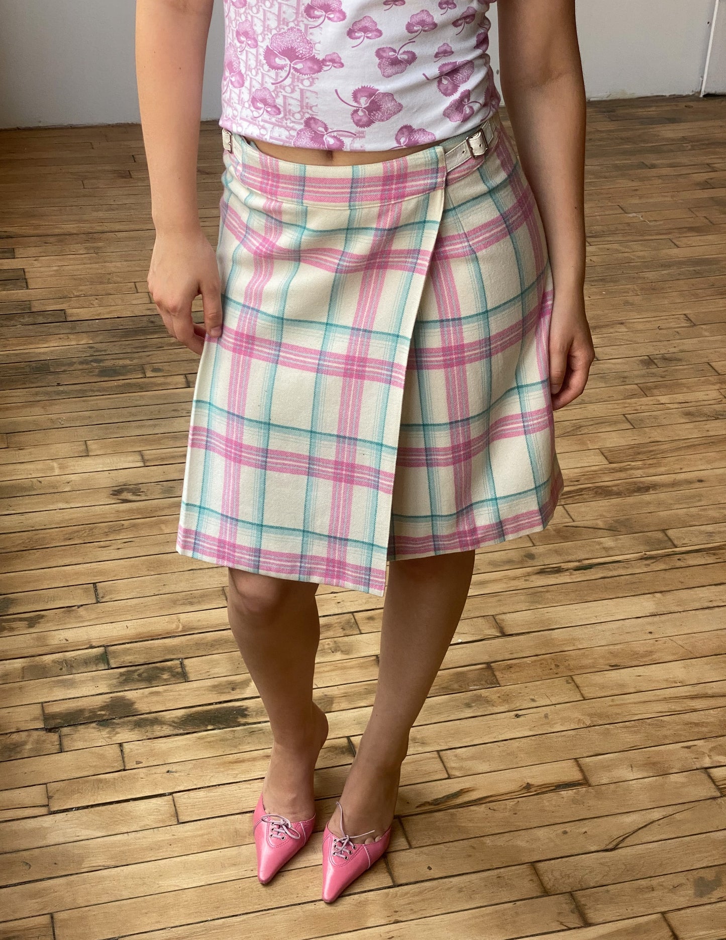 Courrèges Vtg Pink & Blue Plaid Wool Skirt
