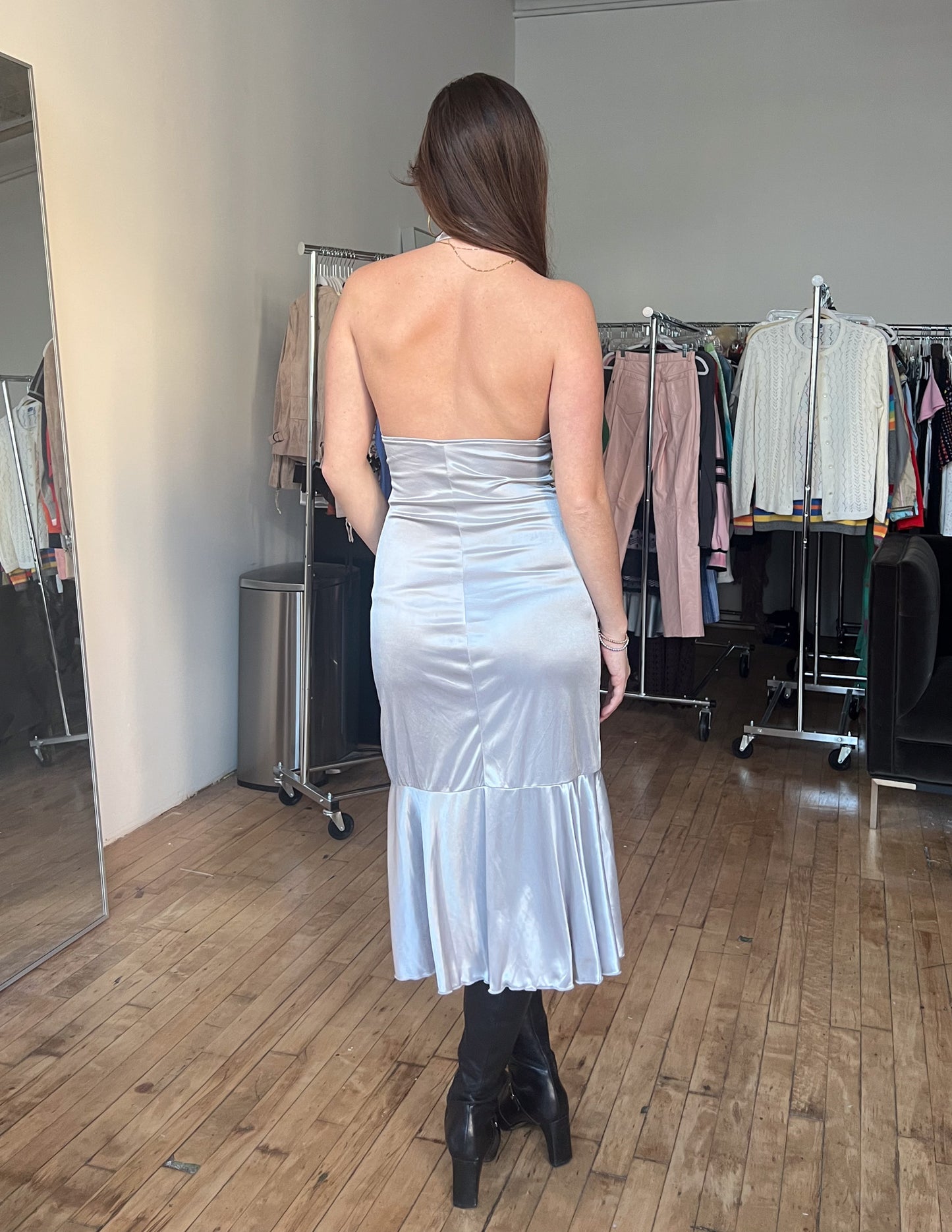 Y2K Silver Rhinestone Embellished Halter Dress