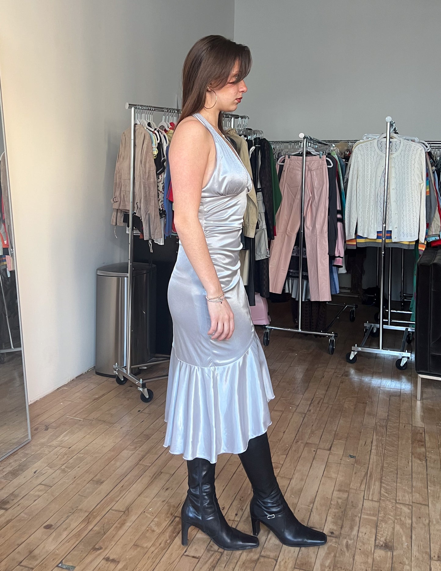 Y2K Silver Rhinestone Embellished Halter Dress