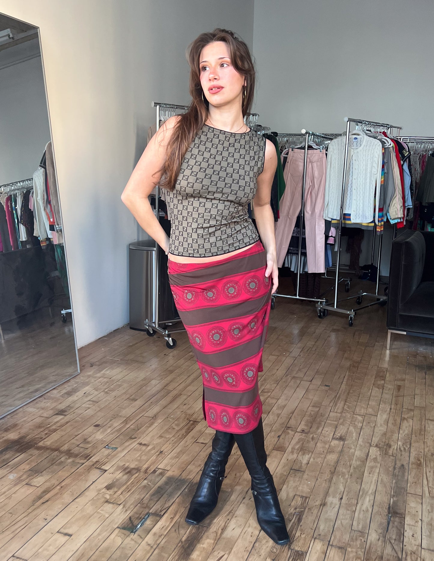 Vtg BGBC Red & Brown Print Midi Skirt