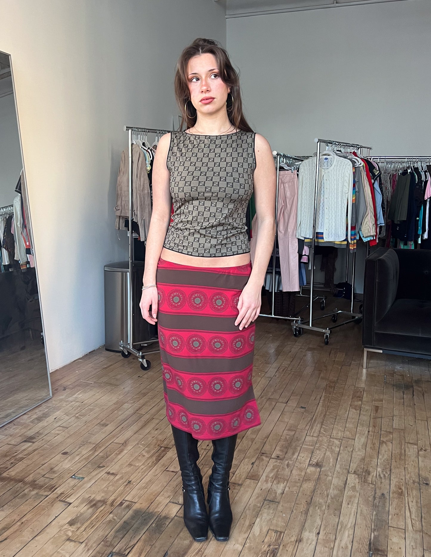 Vtg BGBC Red & Brown Print Midi Skirt