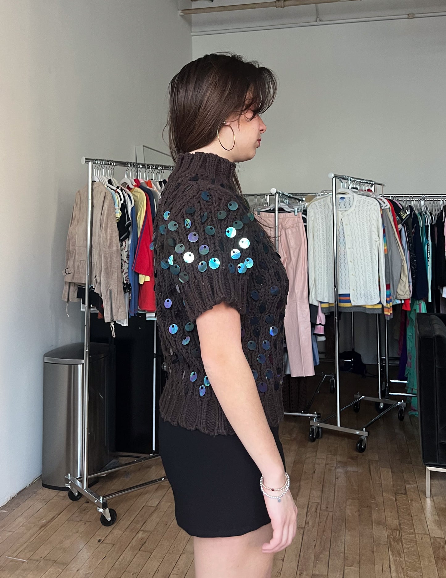 Tyler Boe Short Sleeve Turtleneck Sweater with Sequin Paillettes