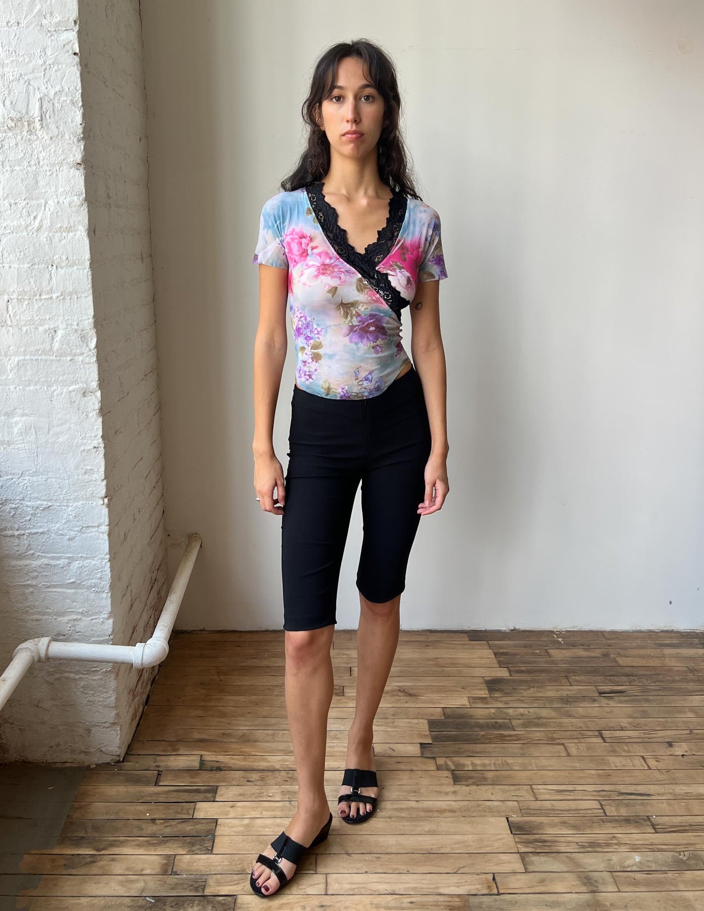 Vintage Floral Black Lace Trim Semi Sheer Baby Tee