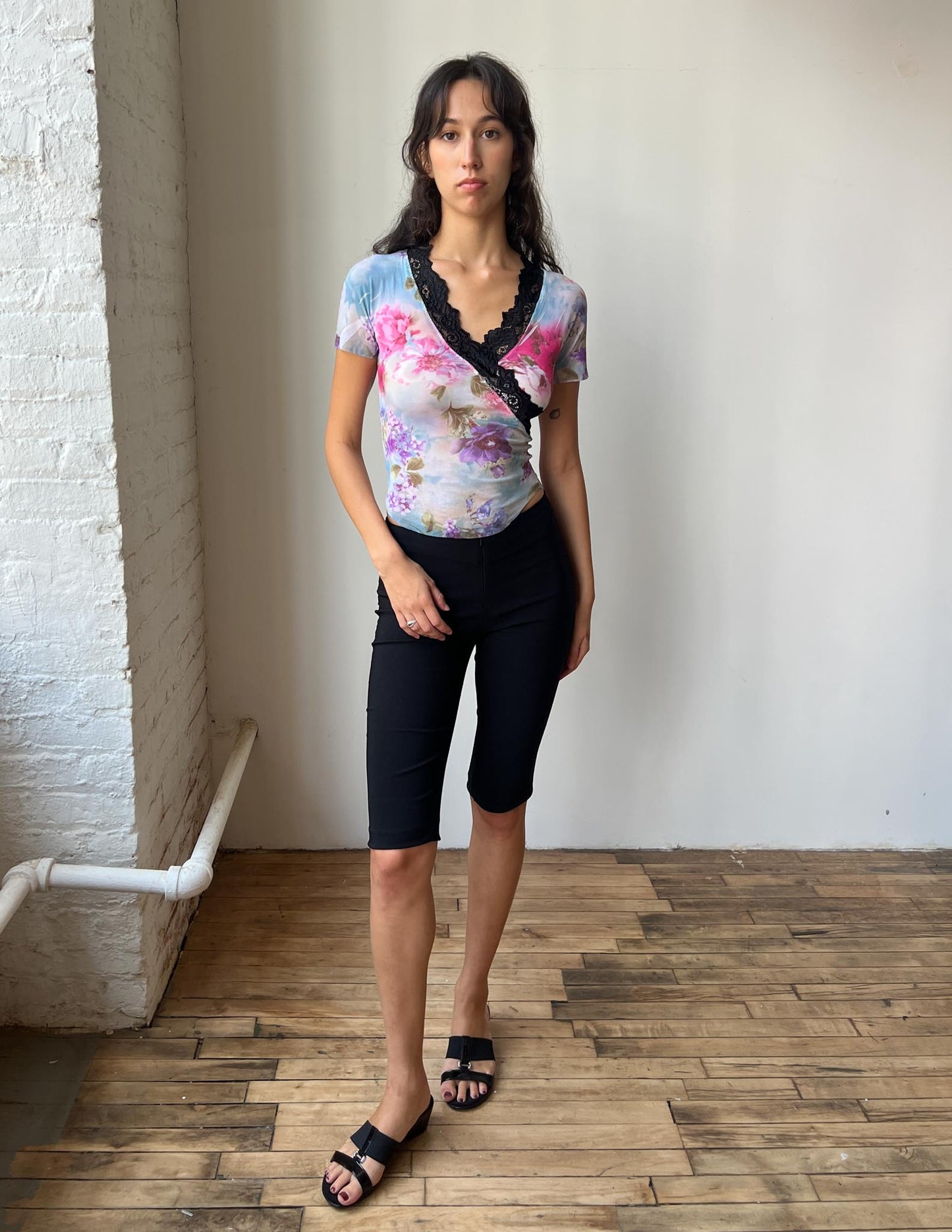 Vintage Floral Black Lace Trim Semi Sheer Baby Tee