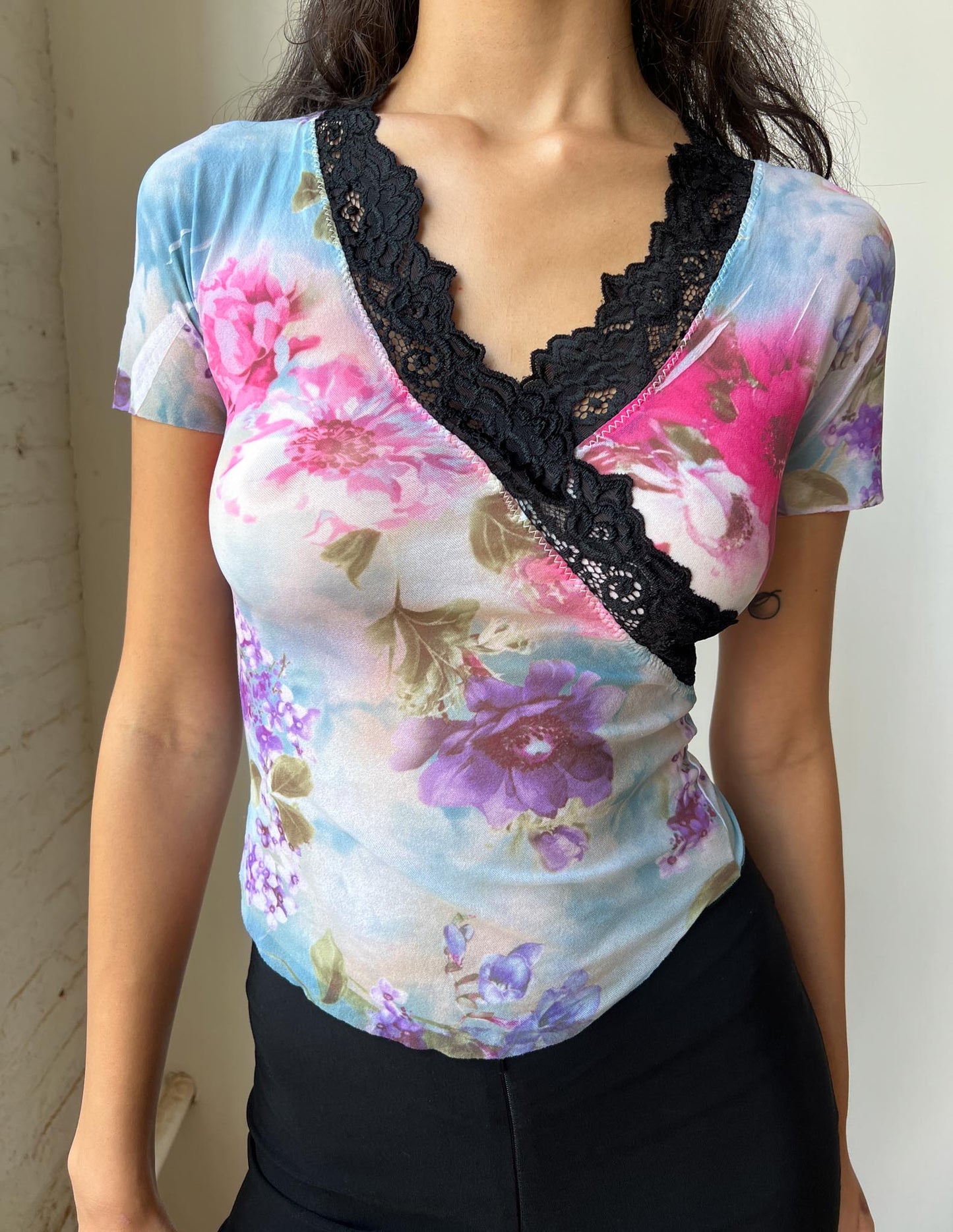 Vintage Floral Black Lace Trim Semi Sheer Baby Tee