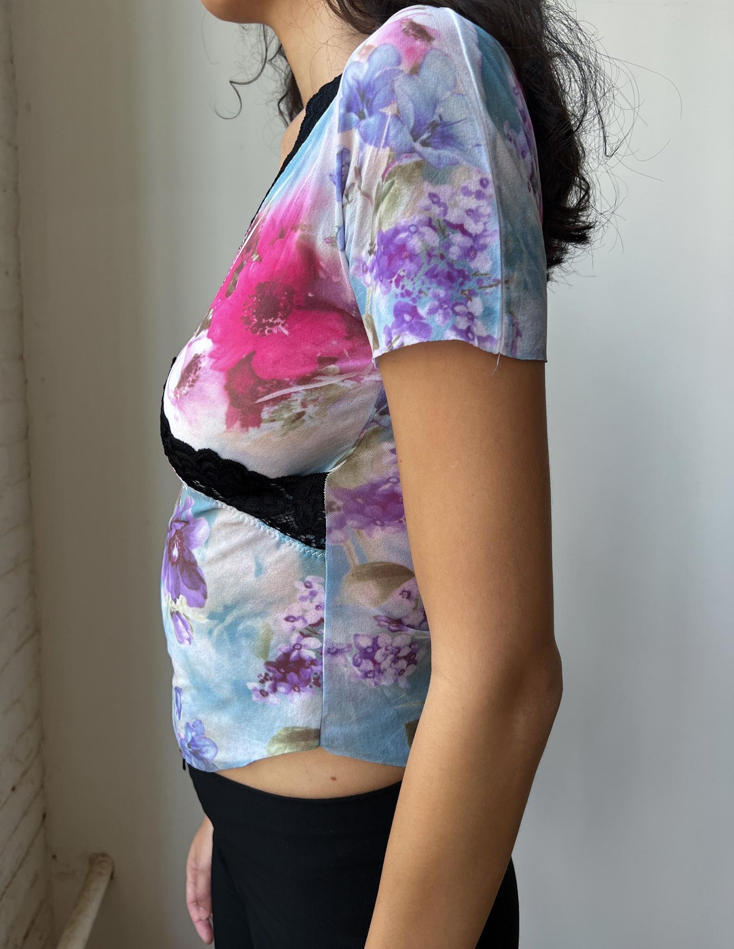 Vintage Floral Black Lace Trim Semi Sheer Baby Tee