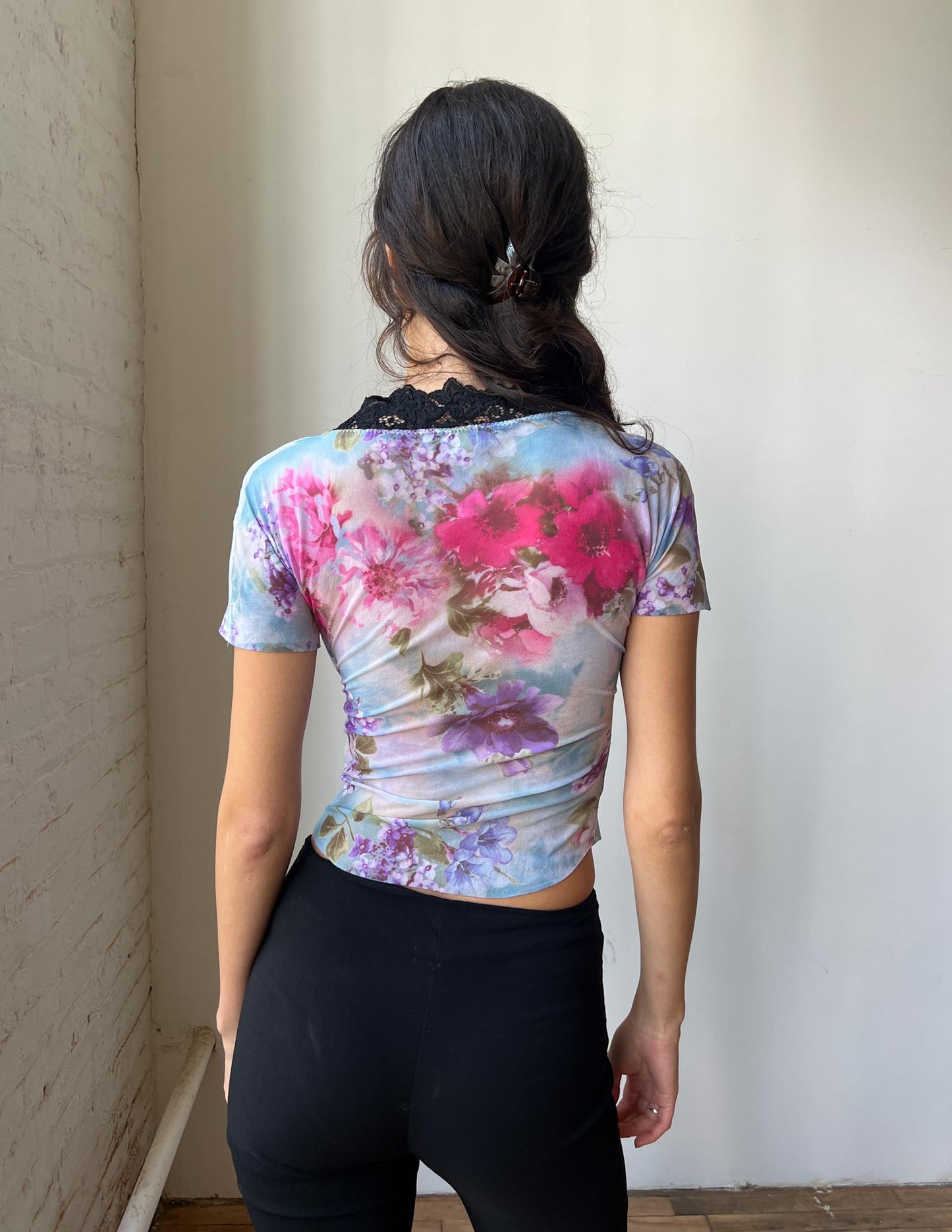Vintage Floral Black Lace Trim Semi Sheer Baby Tee